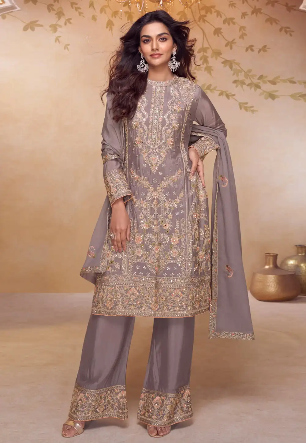 Grey Chinon Embroidered Palazzo Suit 324887