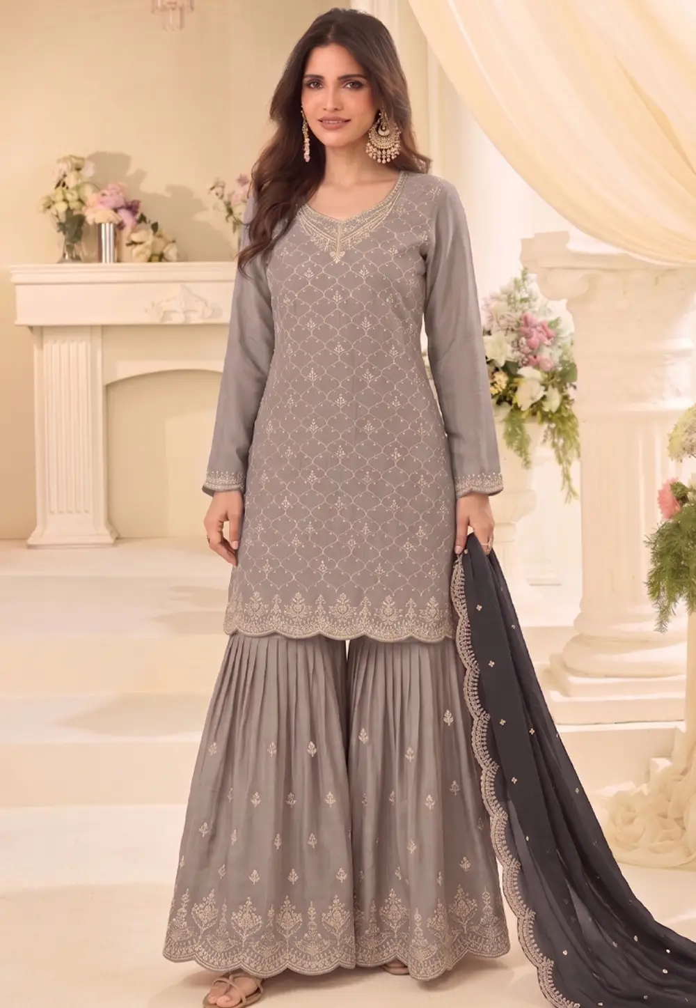 Grey Chinon Gharara Suit 331175