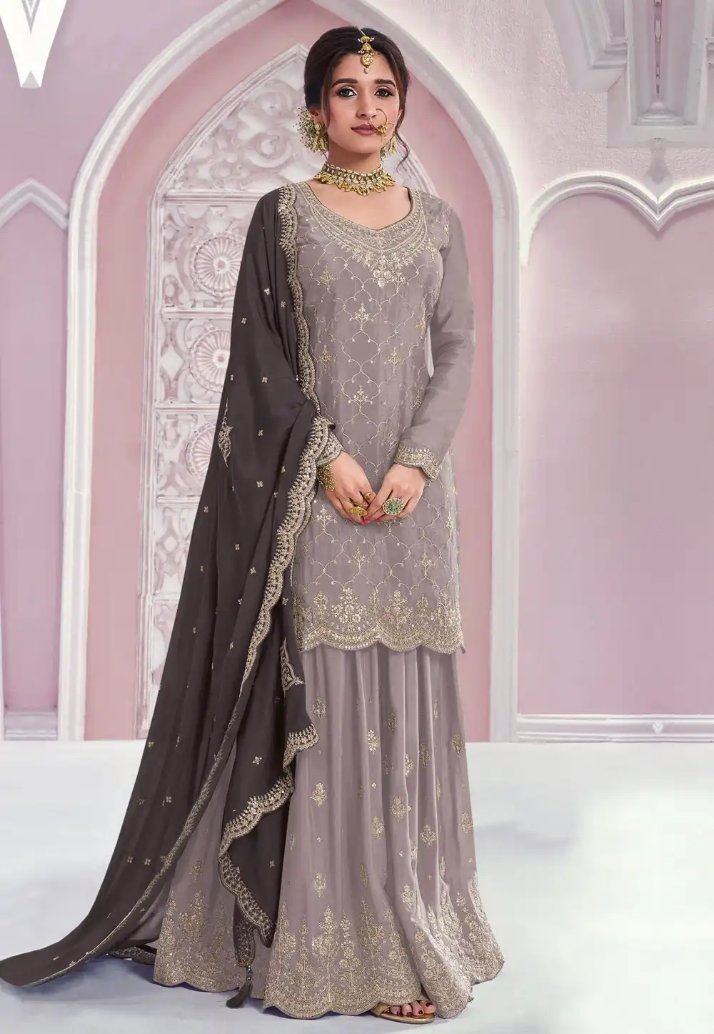 Grey Chinon Pakistani Suit 329164