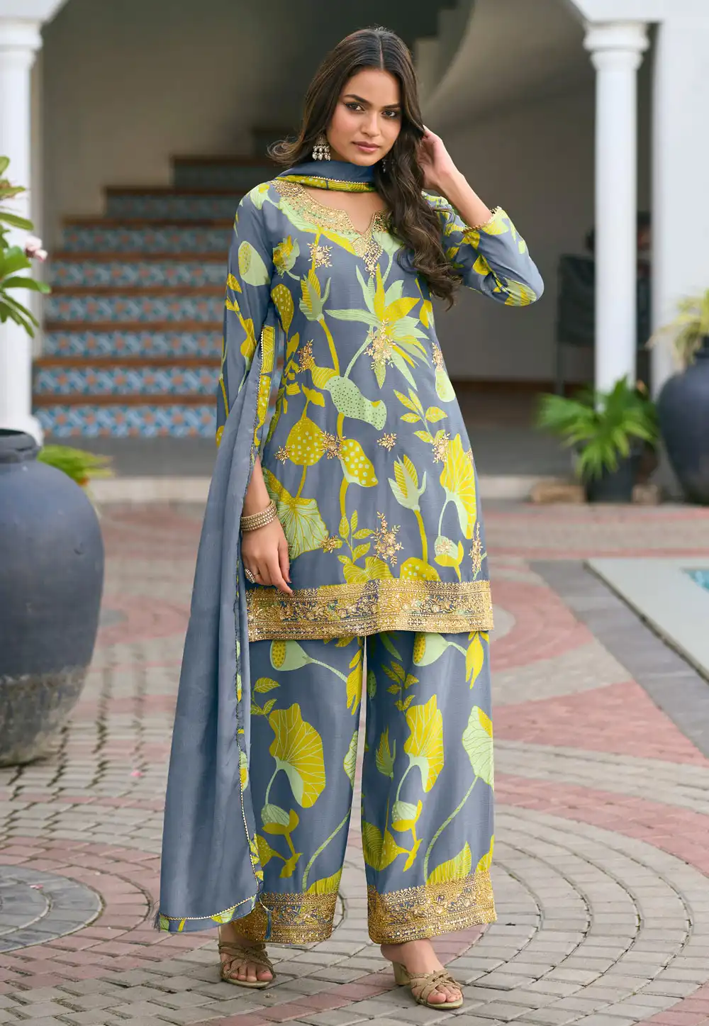 Grey Chinon Palazzo Suit 314188