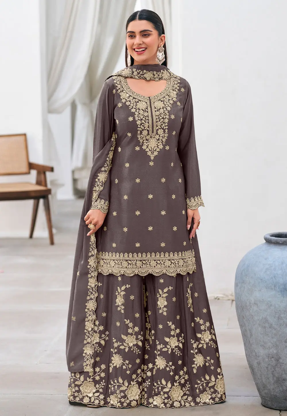 Grey Chinon Palazzo Suit 336086
