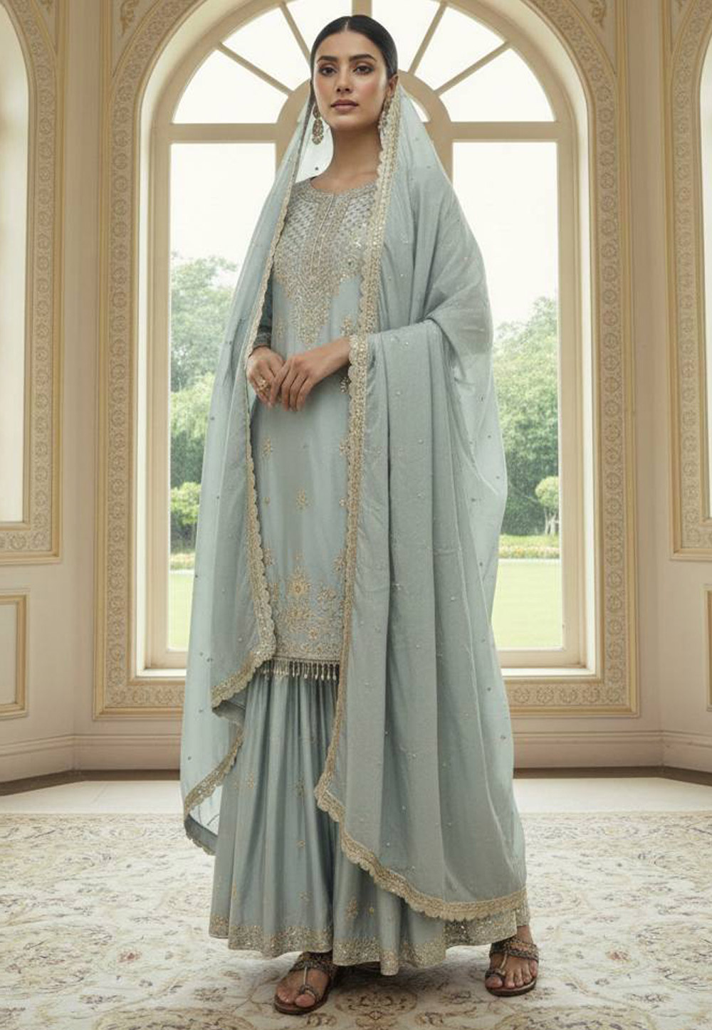 Grey Chinon Readymade Gharara Suit 324855