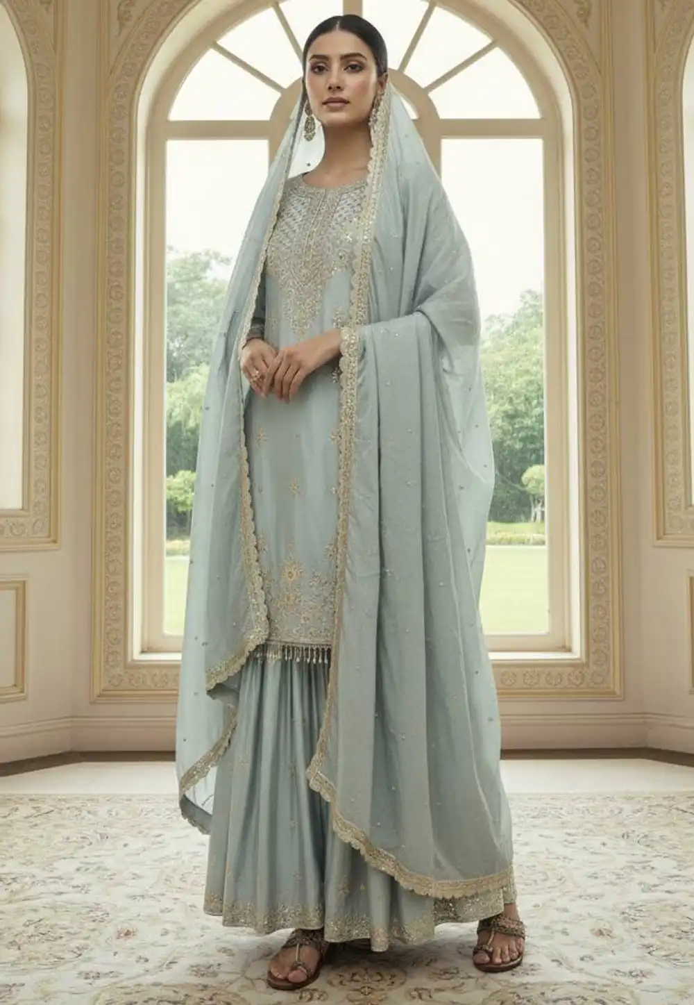 Grey Chinon Readymade Gharara Suit 324855