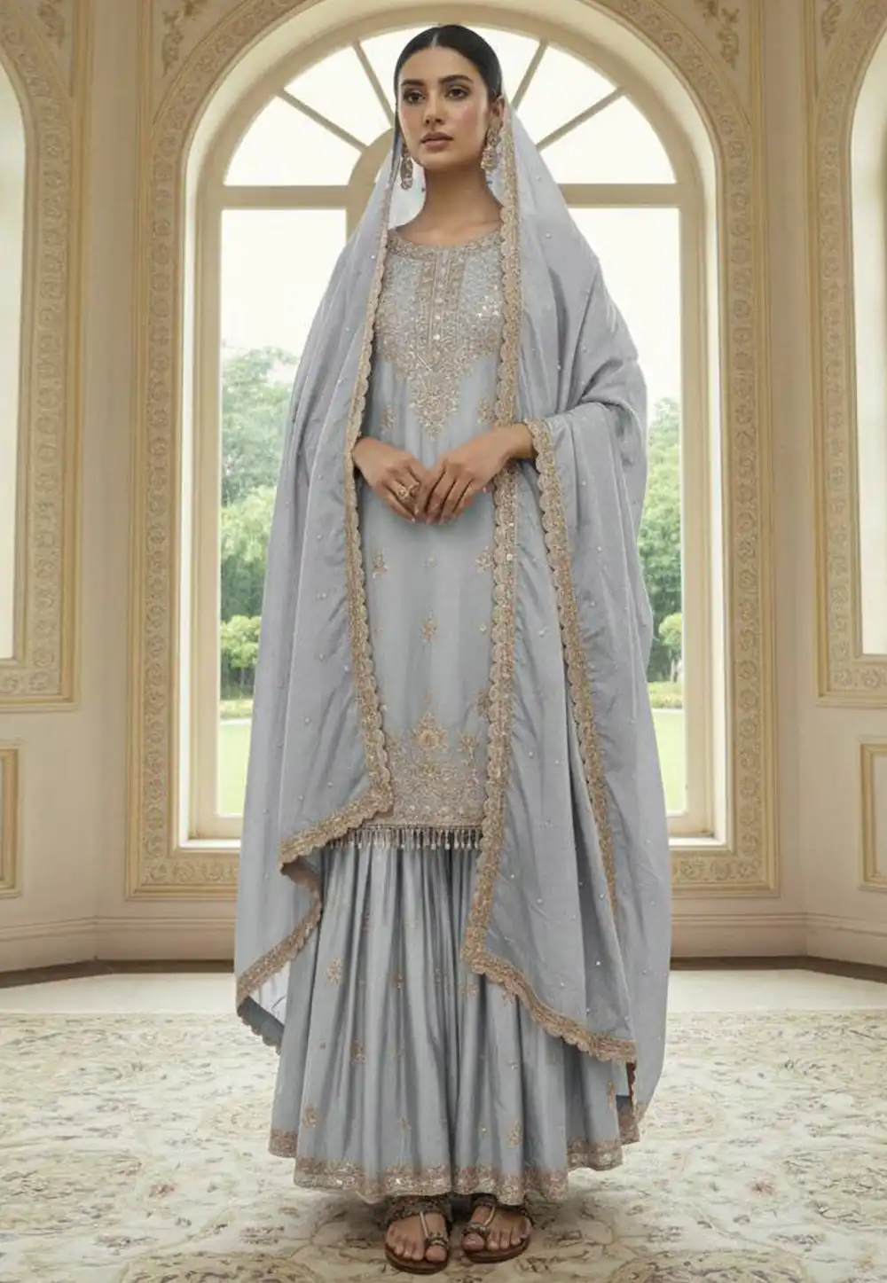Grey Chinon Readymade Gharara Suit 324857