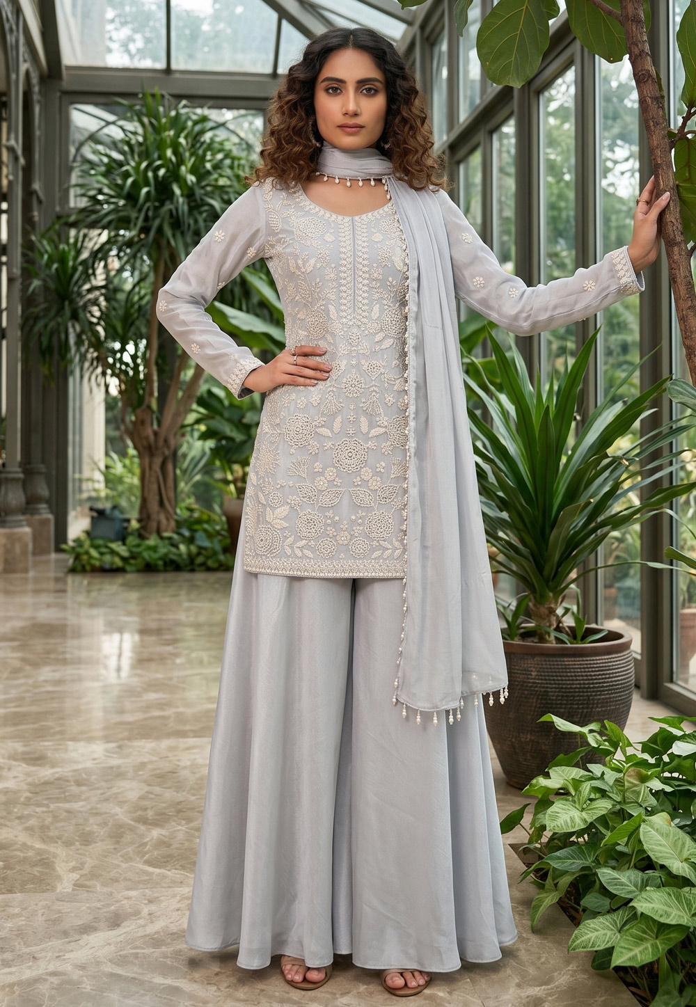 Grey Chinon Readymade Pakistani Suit 329352
