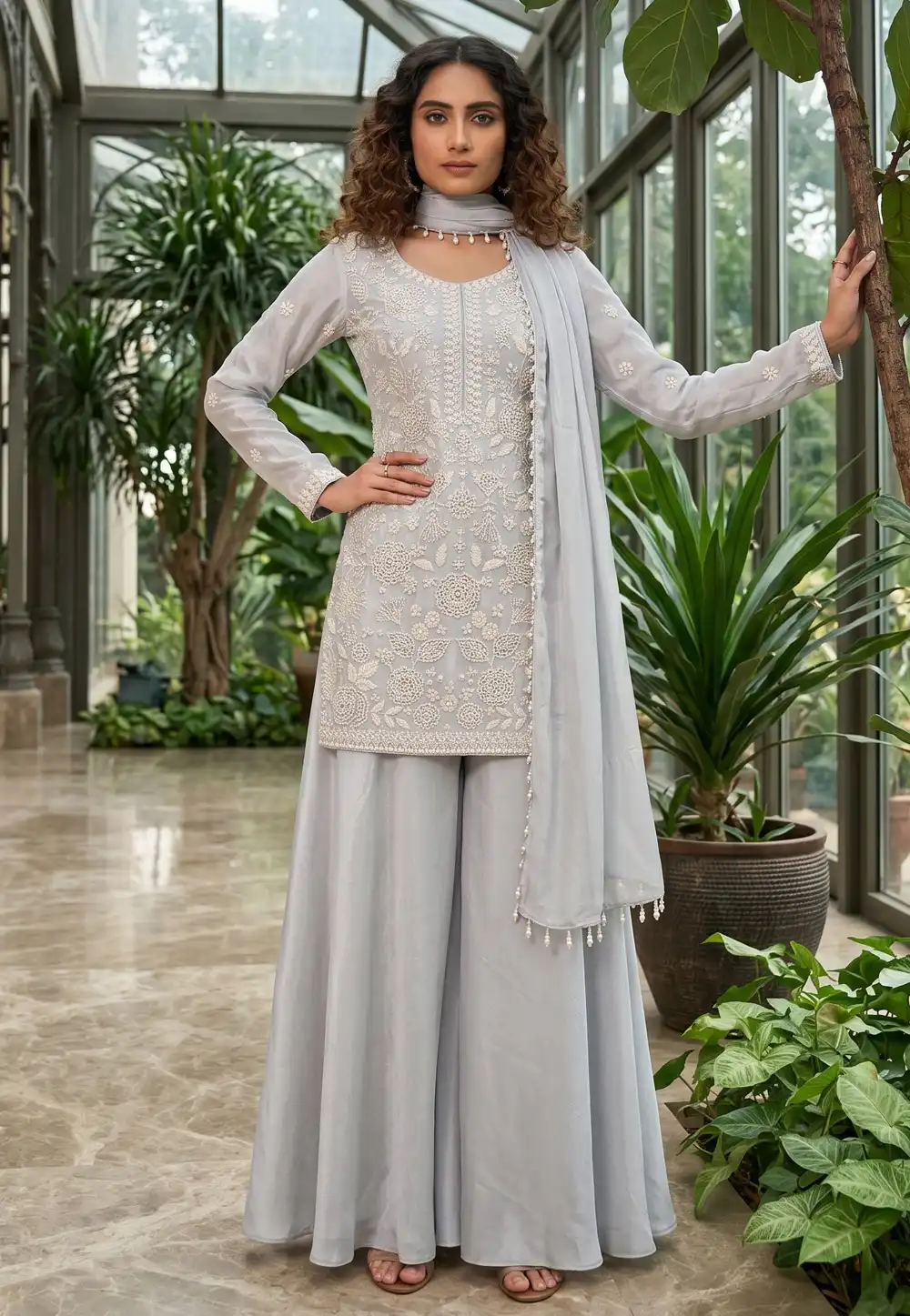 Grey Chinon Readymade Pakistani Suit 329352