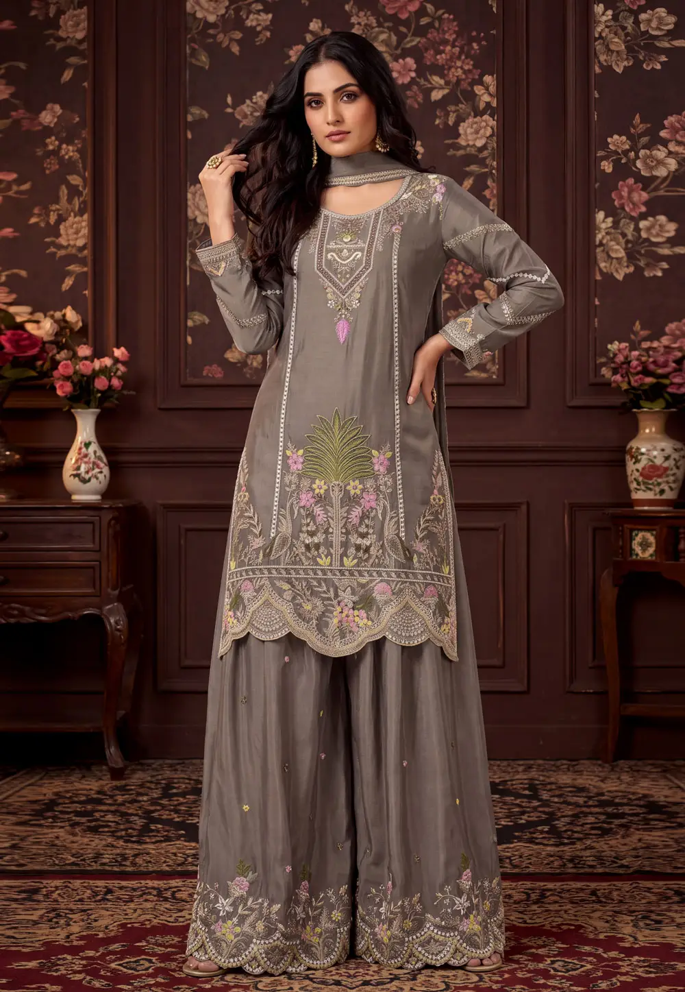 Grey Chinon Readymade Palazzo Suit 337258