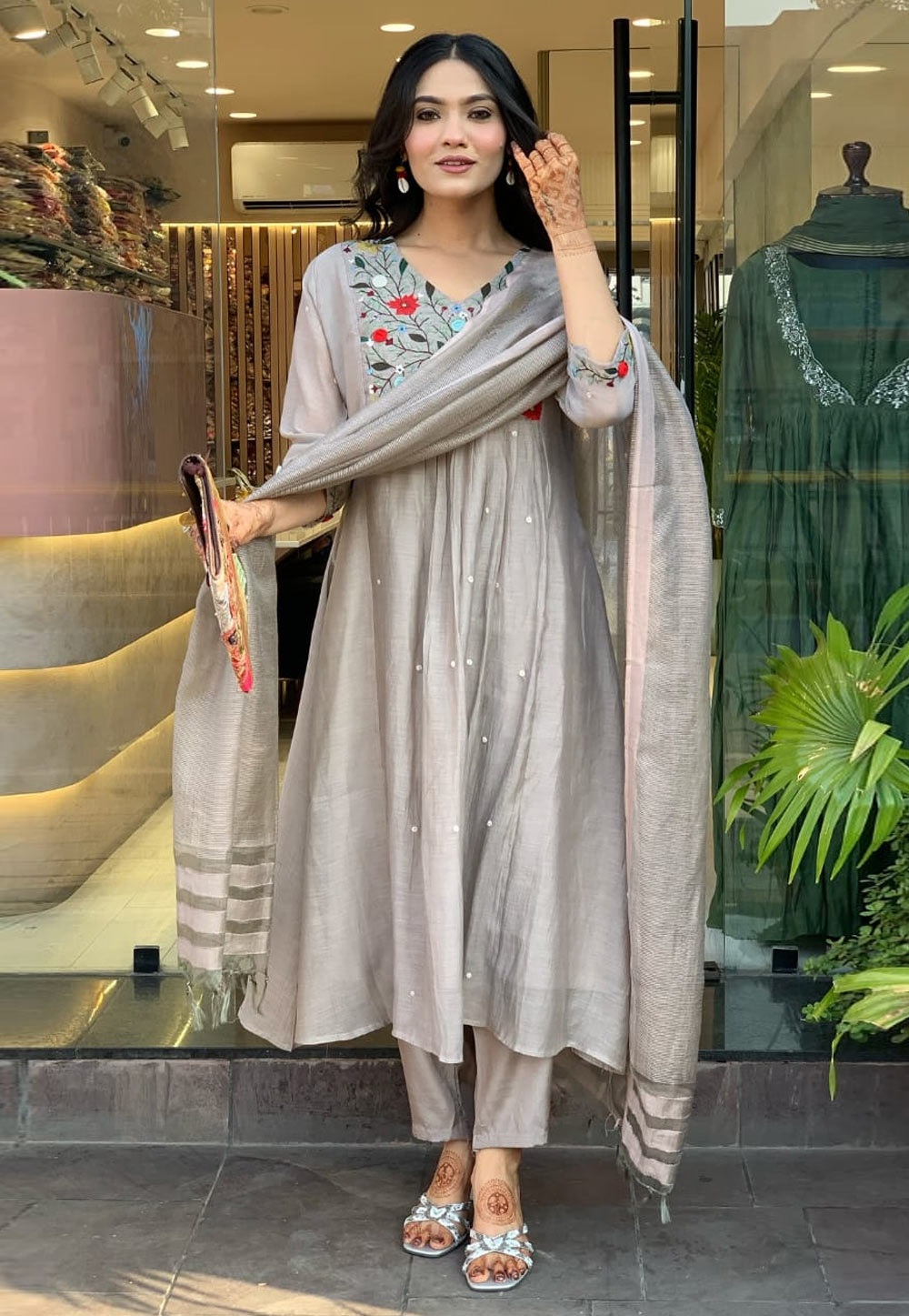 Grey Chinon Readymade Pant Style Suit 312713