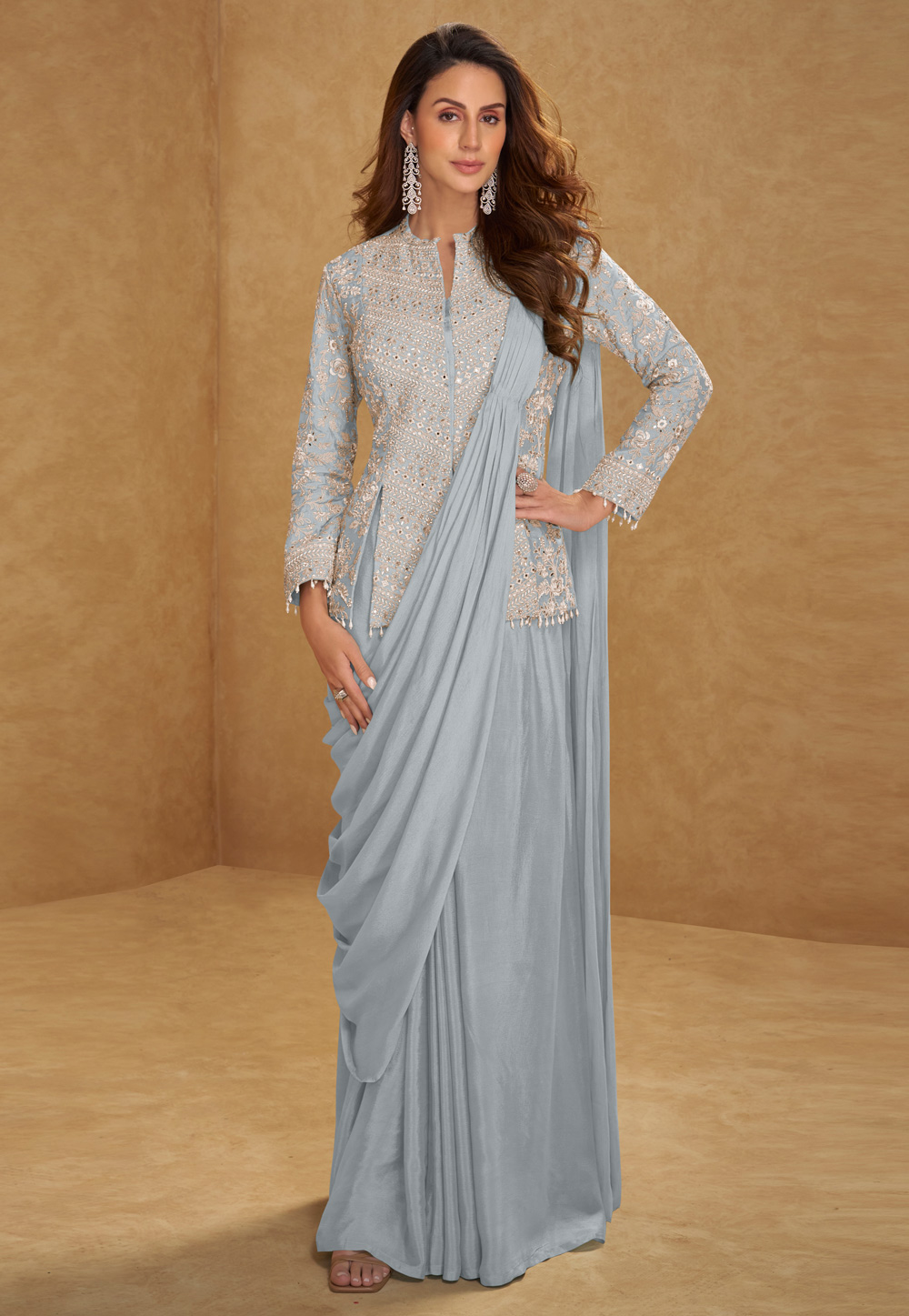 Grey Chinon Lehenga Saree 330120