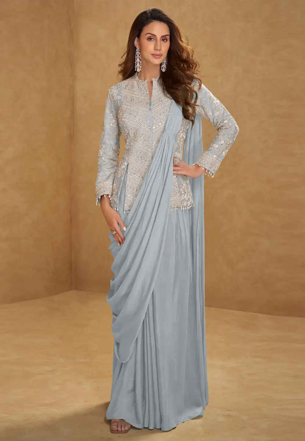 Grey Chinon Lehenga Saree 330120