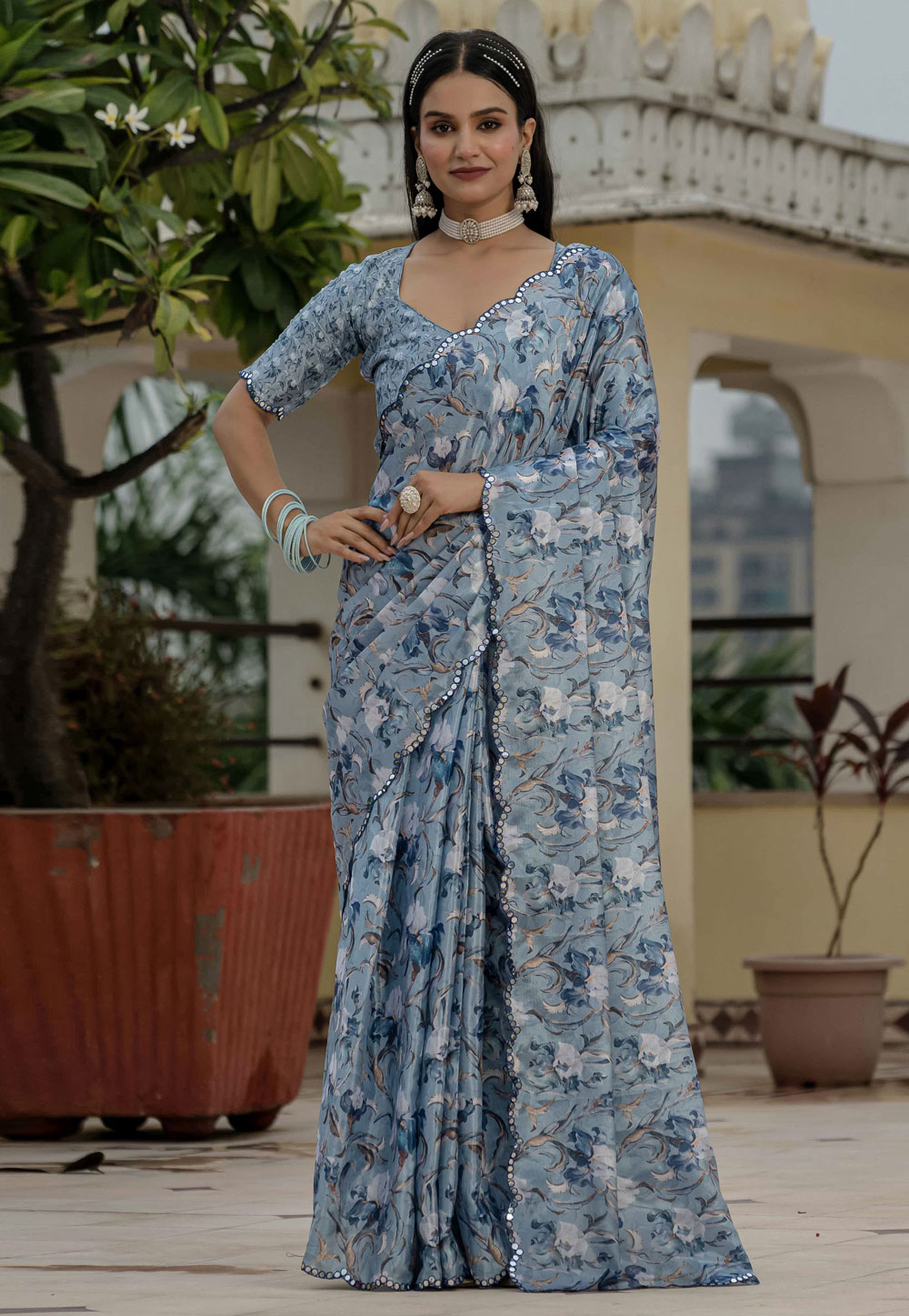 Grey Chinon Saree With Blouse 318034