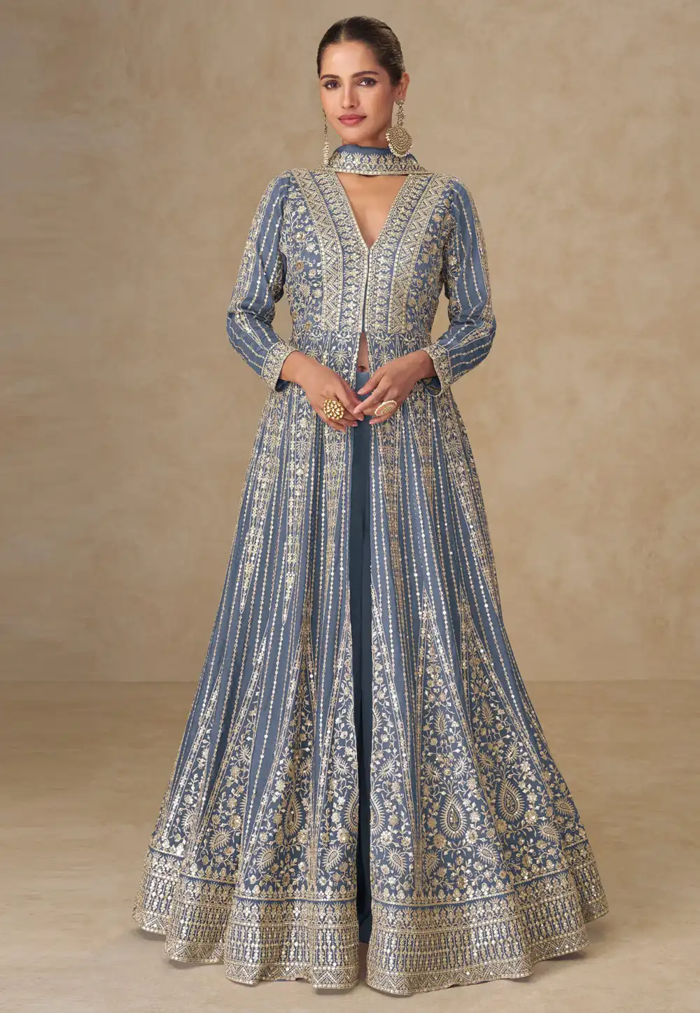 Grey Chinon Silk Embroidered Long Anarkali Suit 317523