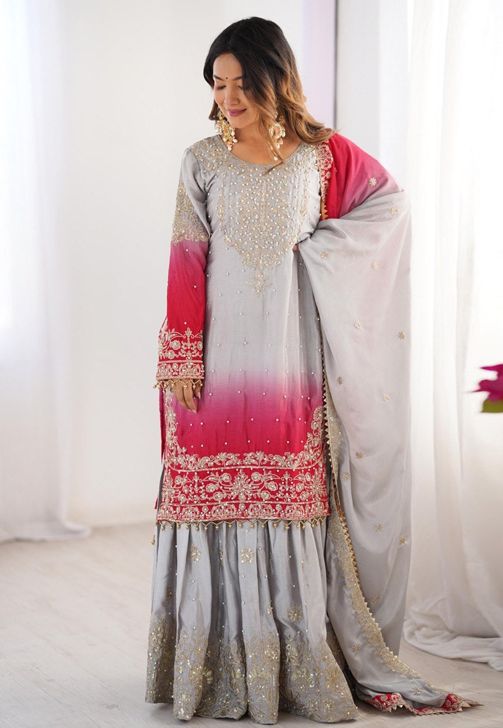 Grey Chinon Silk Readymade Sharara Suit 311541