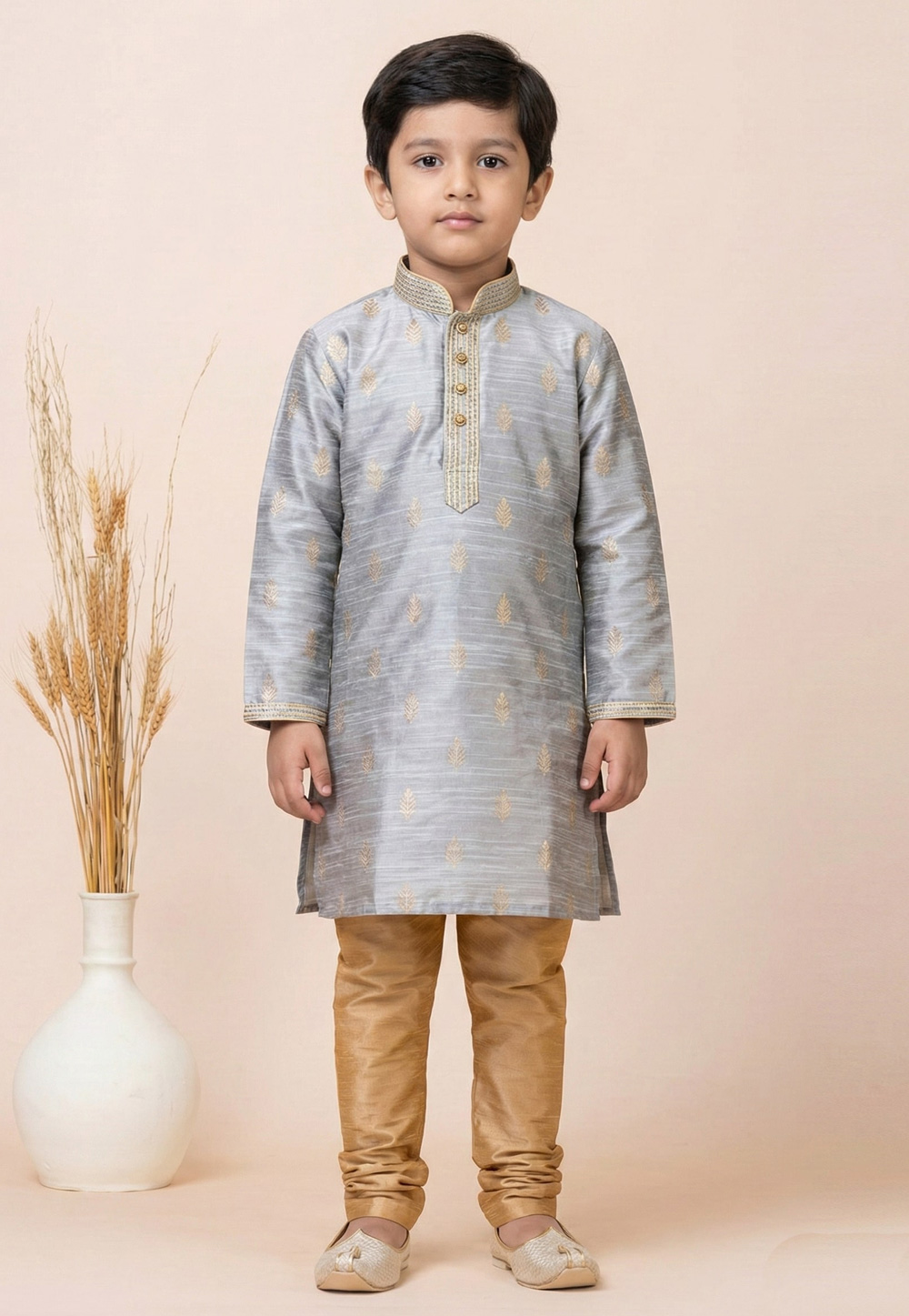 Grey Cotton Jacquard Kids Kurta Pajama 322628
