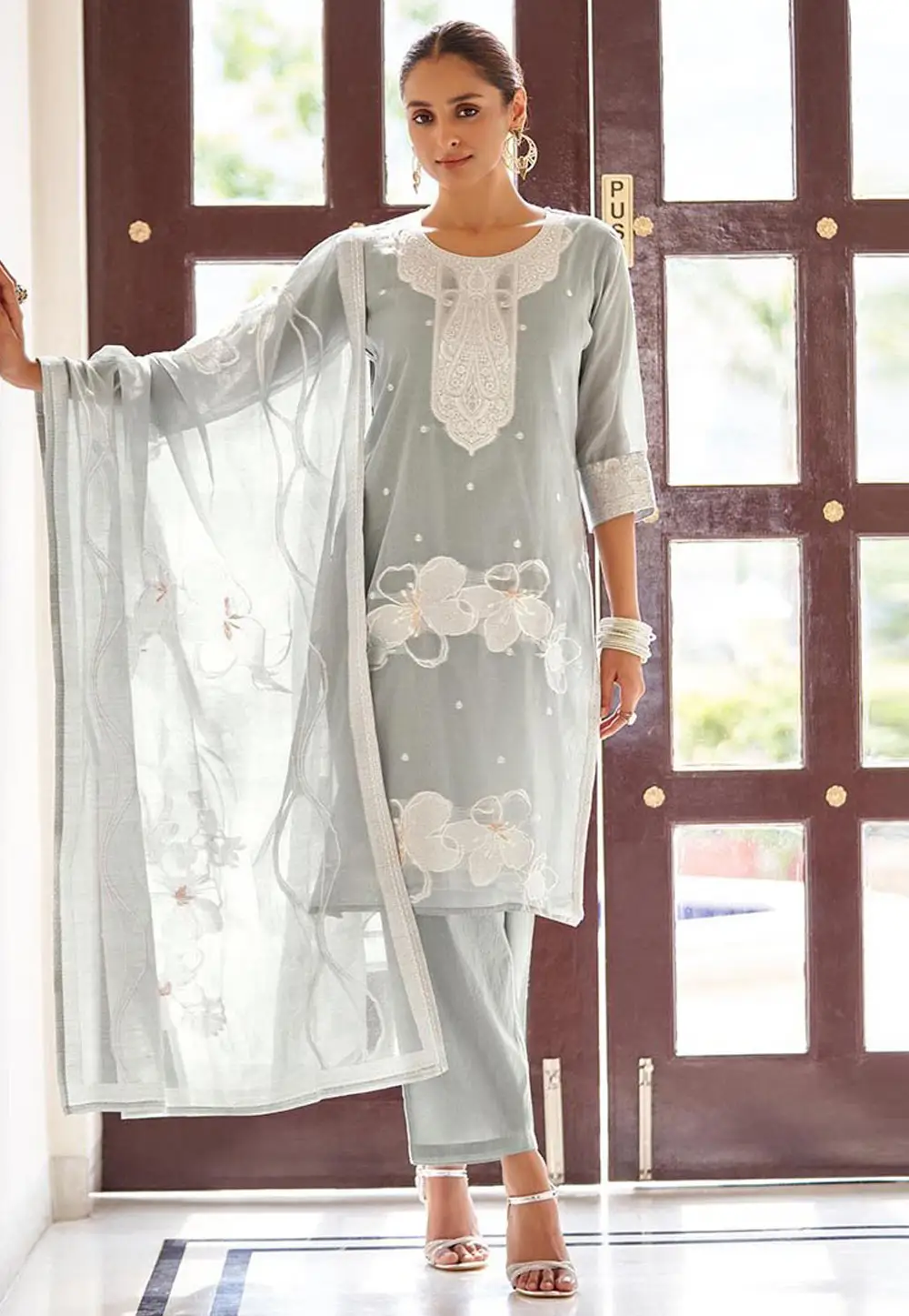 Grey Cotton Jacquard Readymade Pakistani Suit 334180