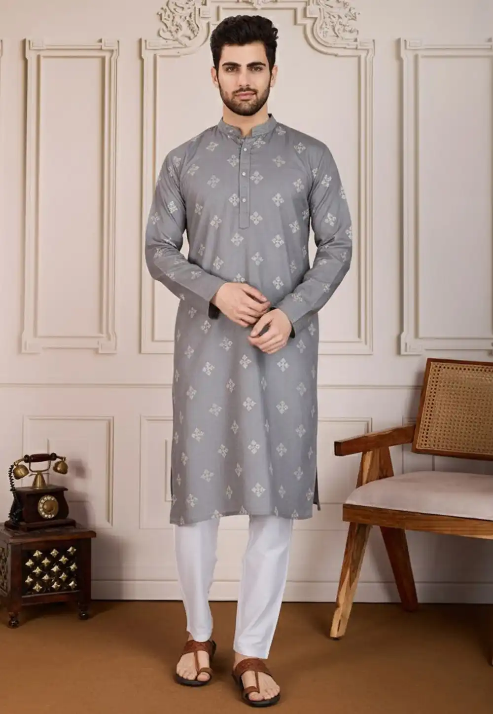 Grey Cotton Kurta Pajama 323108