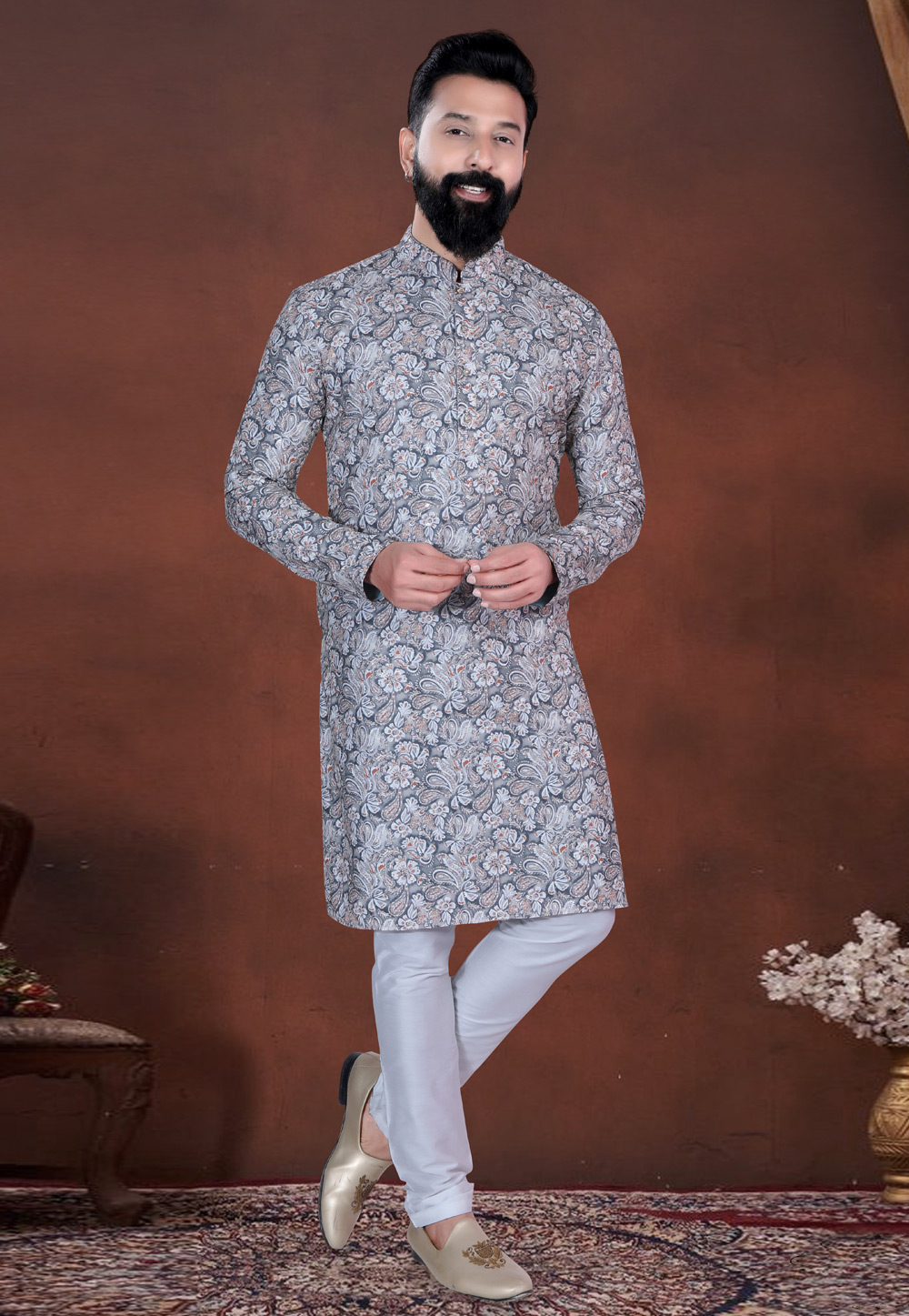 Grey Cotton Kurta Pajama 318593