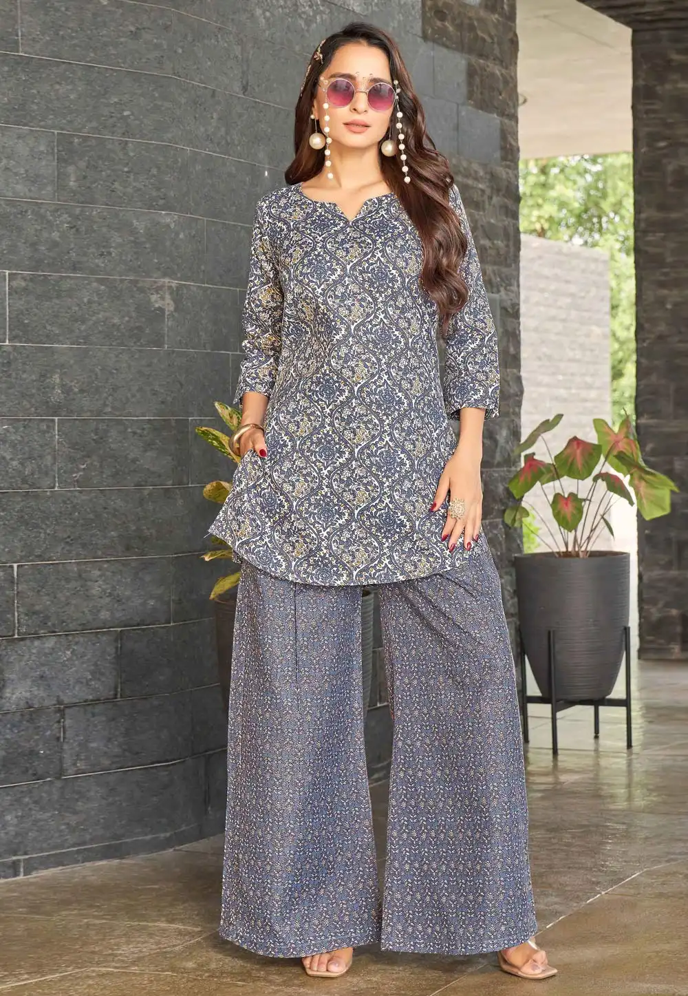 Grey Cotton Kurta Set With Palazzo 328638
