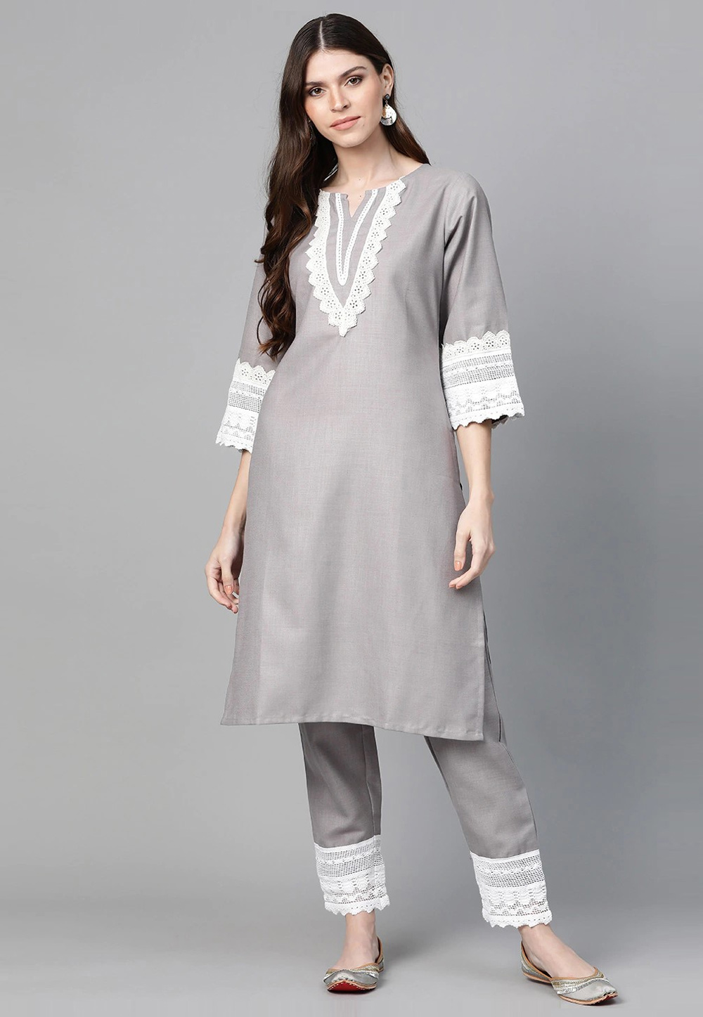 Grey Cotton Kurta Set With Pent 281373