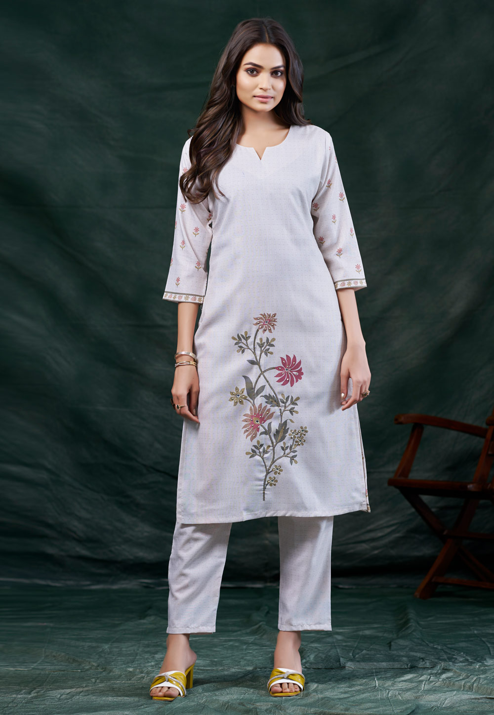 Grey Cotton Linen Printed Long Tunic 311981