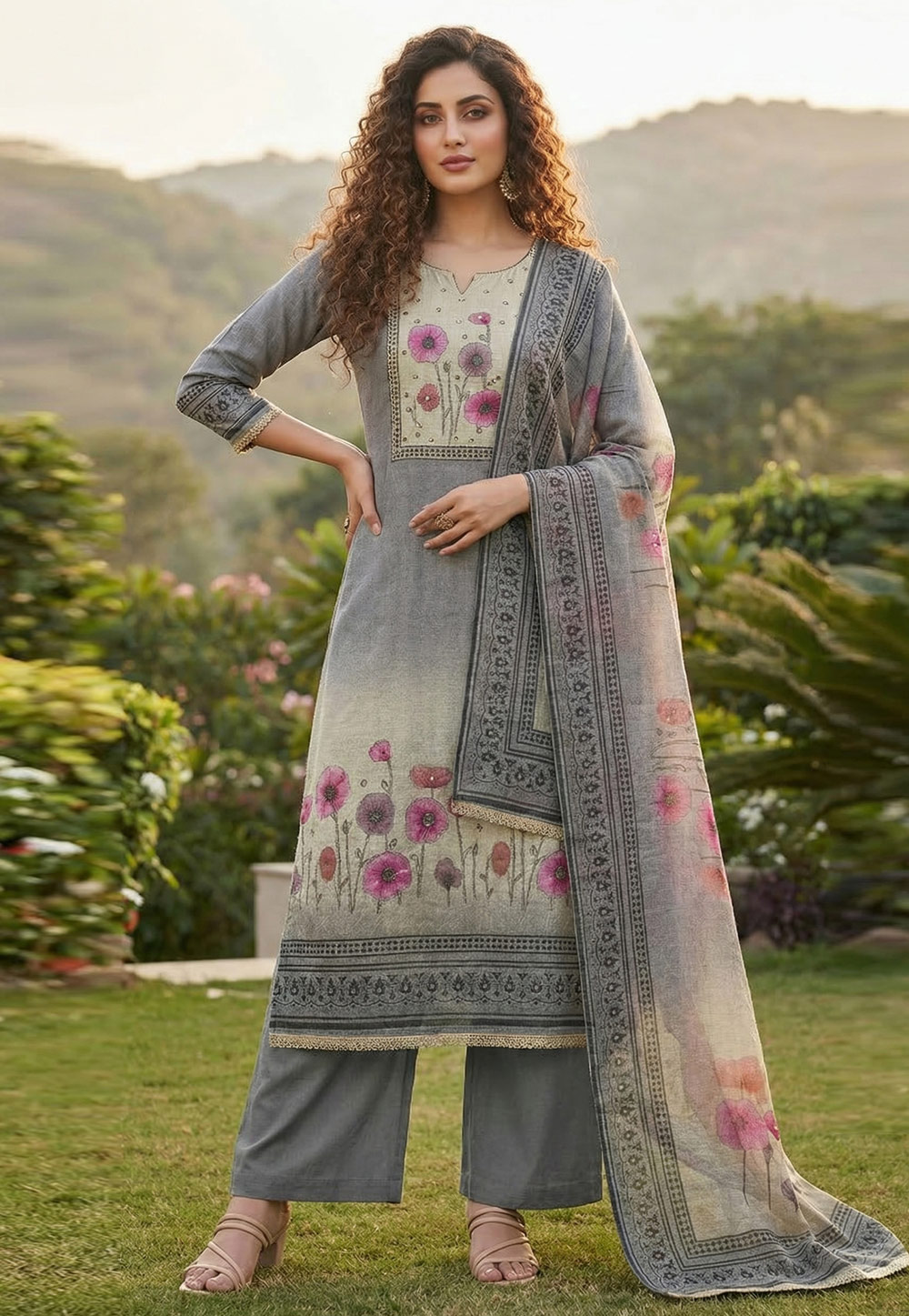 Grey Cotton Palazzo Suit 326475