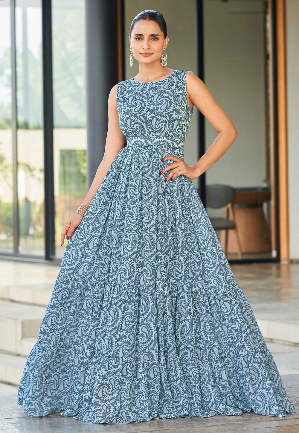 Grey Cotton Printed Gown 329074