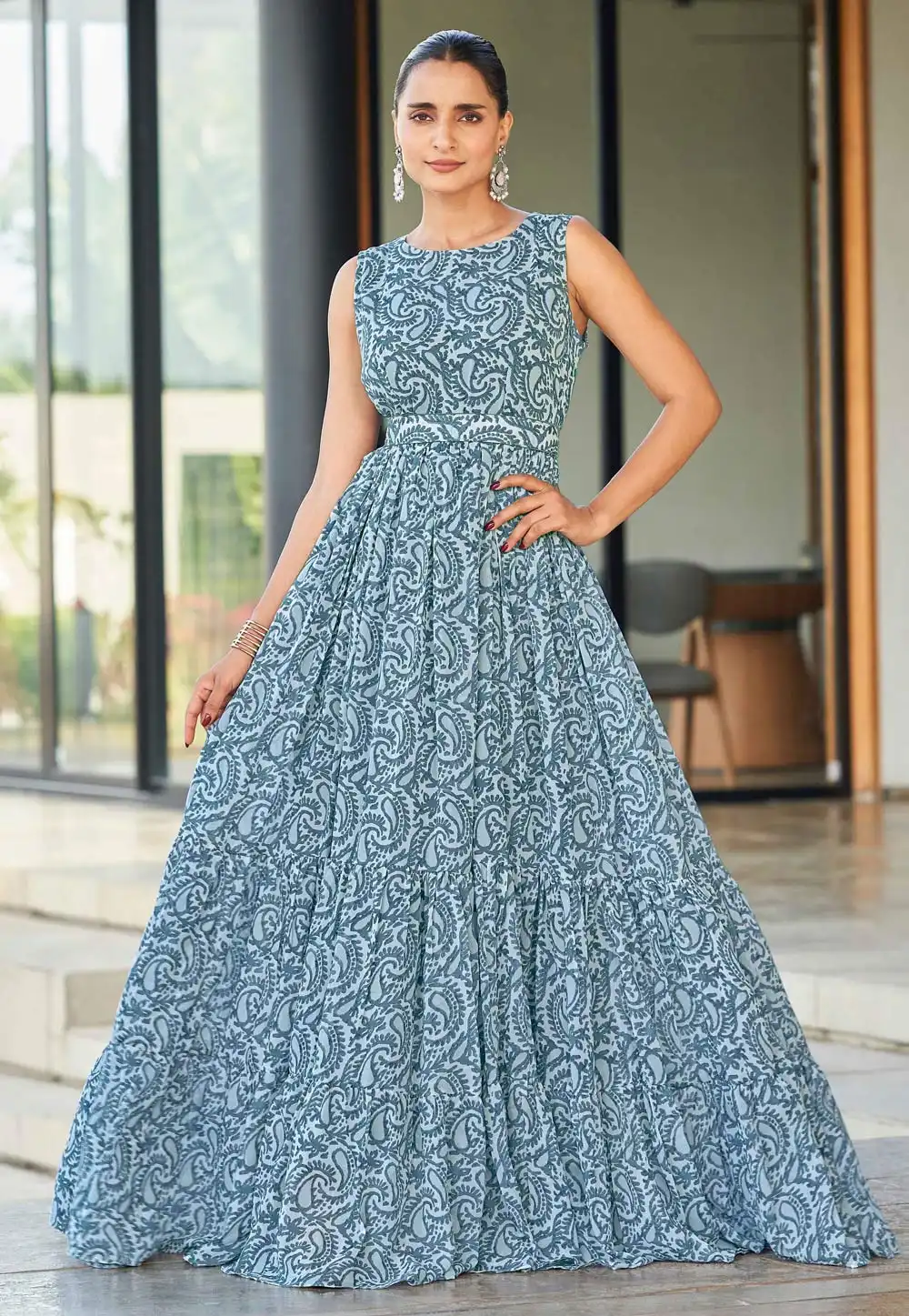 Grey Cotton Printed Gown 329074