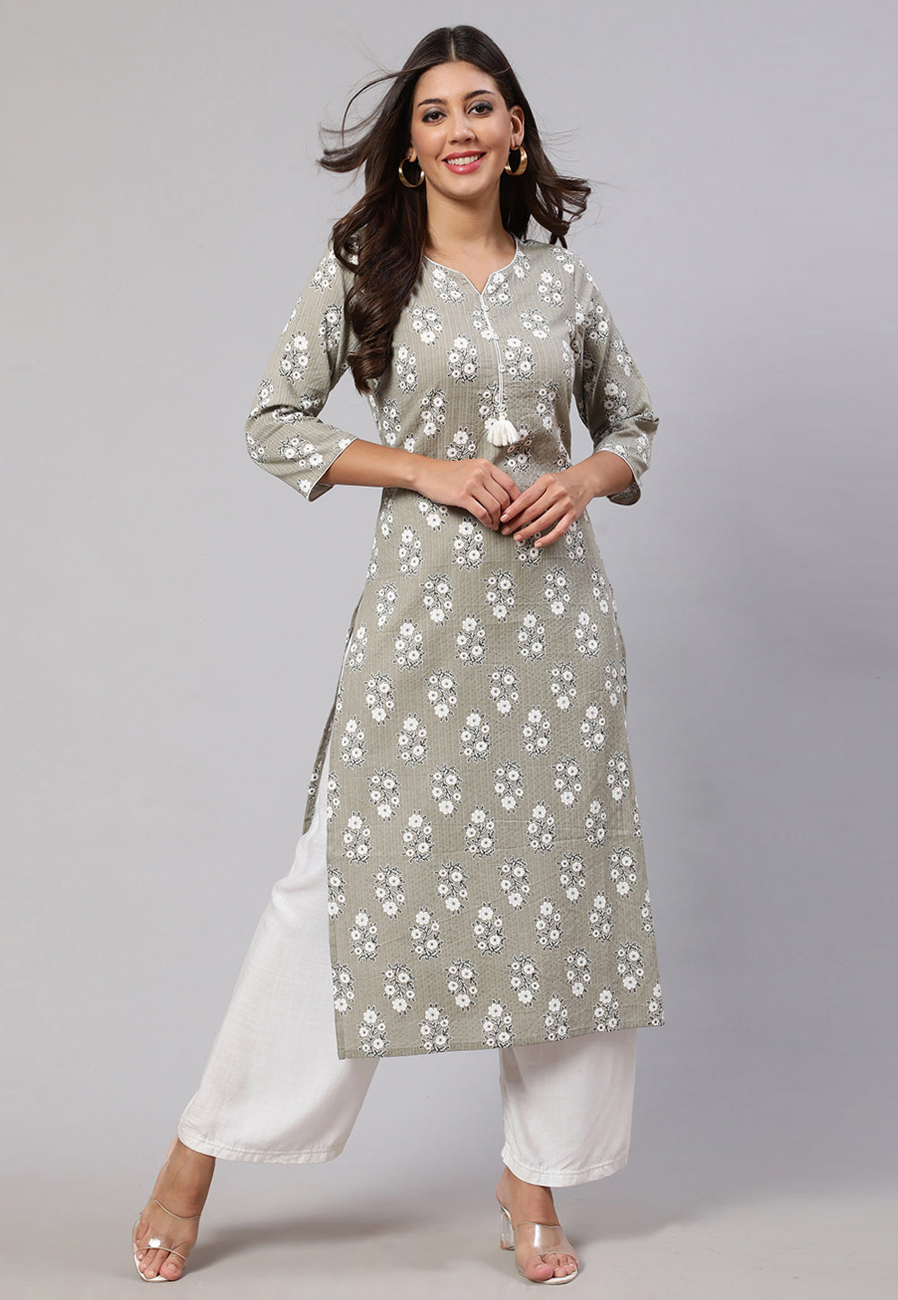 Grey Cotton Printed Long Kurti 282753