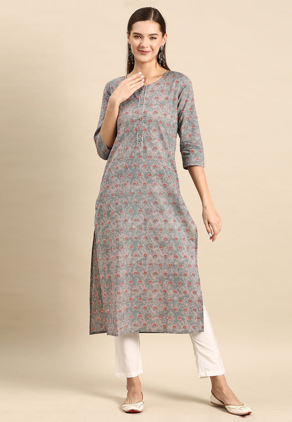 Grey Cotton Printed Long Tunic 282748