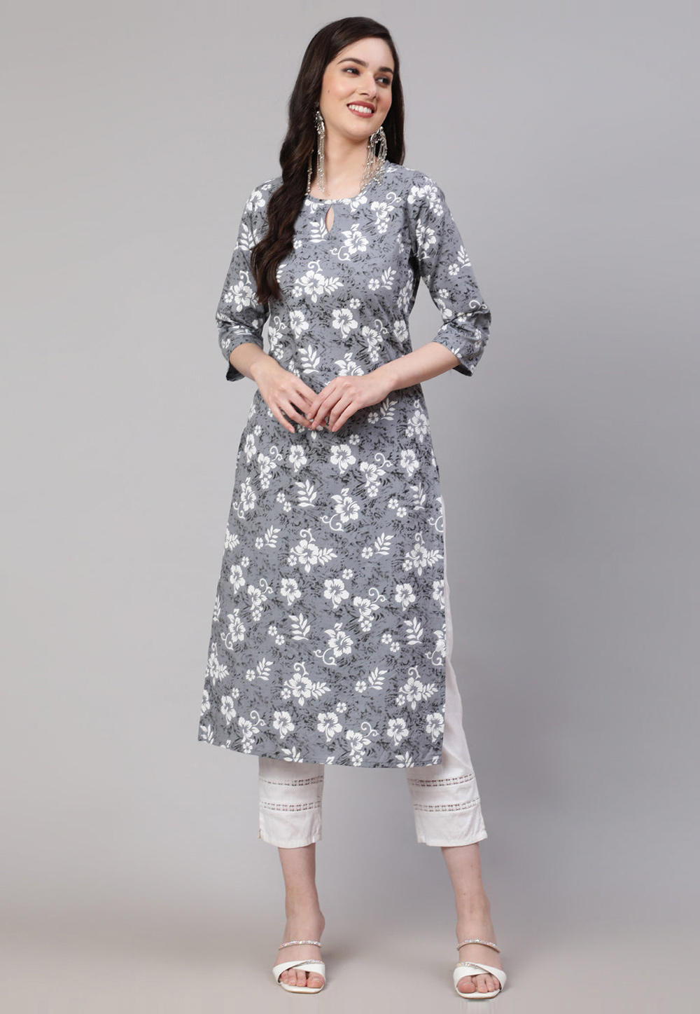Grey Cotton Printed Long Tunic 282756