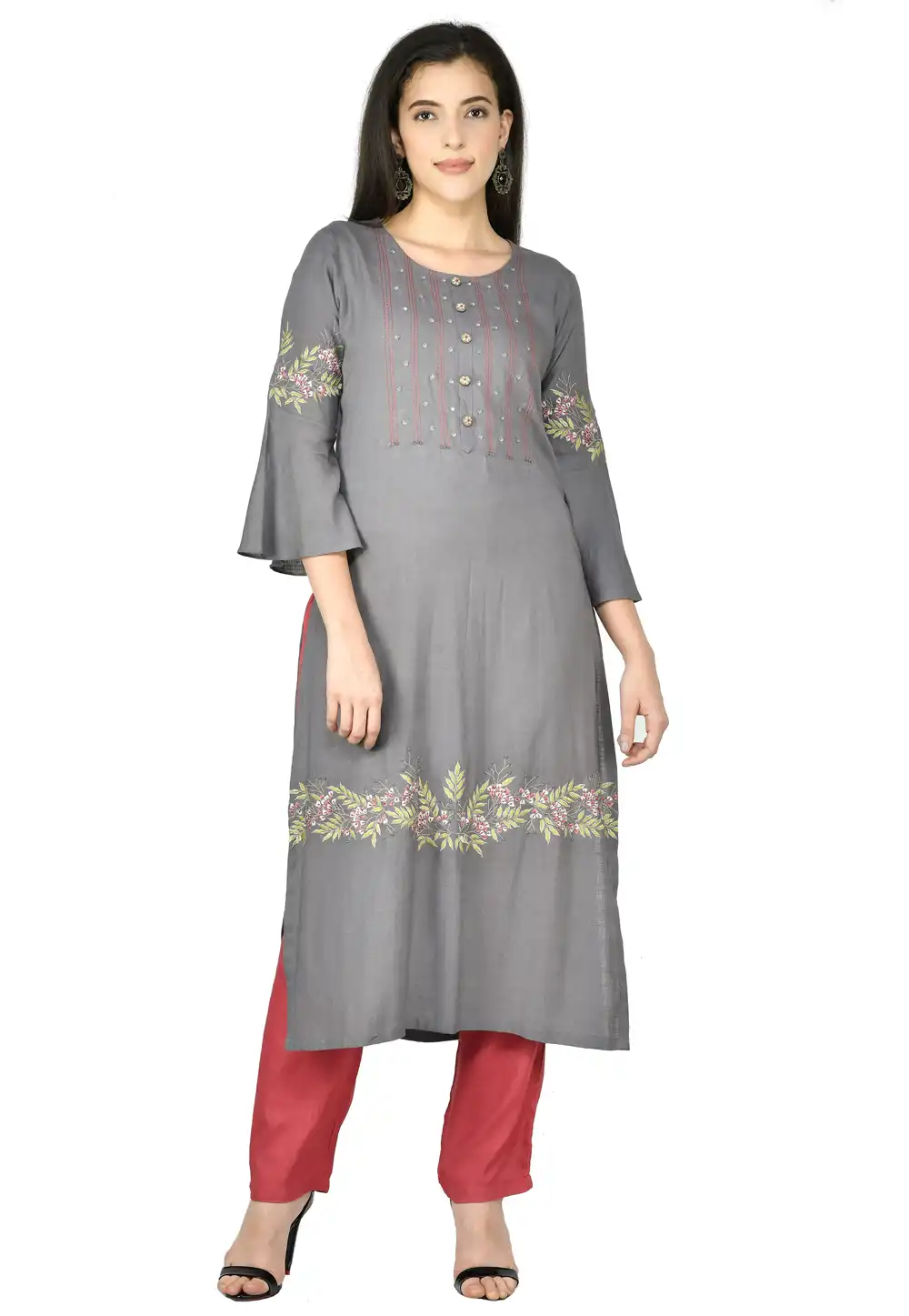 Grey Cotton Rayon Kurta Set With Pant 305463