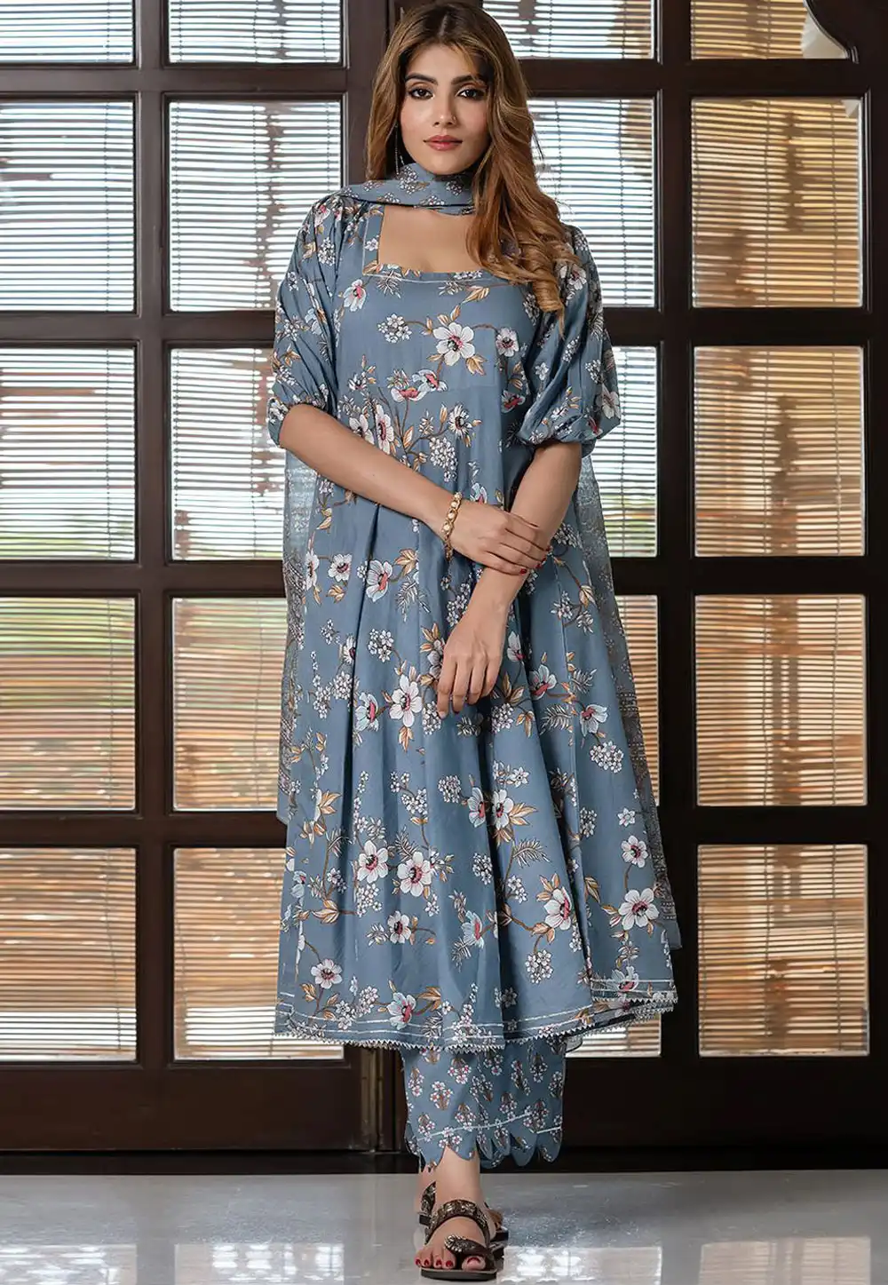 Grey Cotton Readymade Anarkali Suit 321730