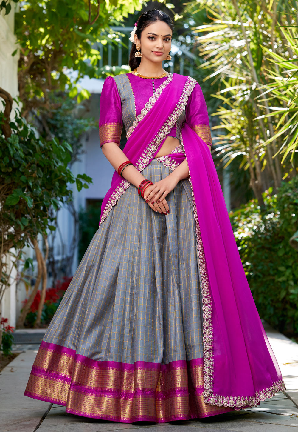 Grey Cotton Readymade Circular Lehenga Choli 307525