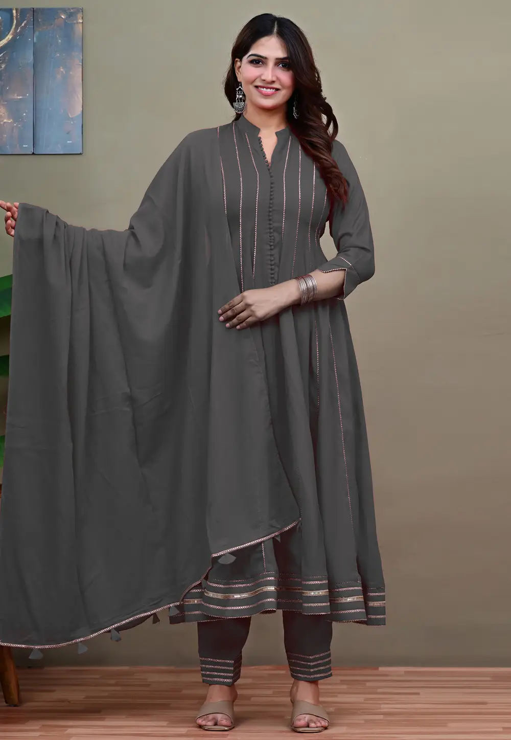 Grey Cotton Readymade Pant Style Suit 335822