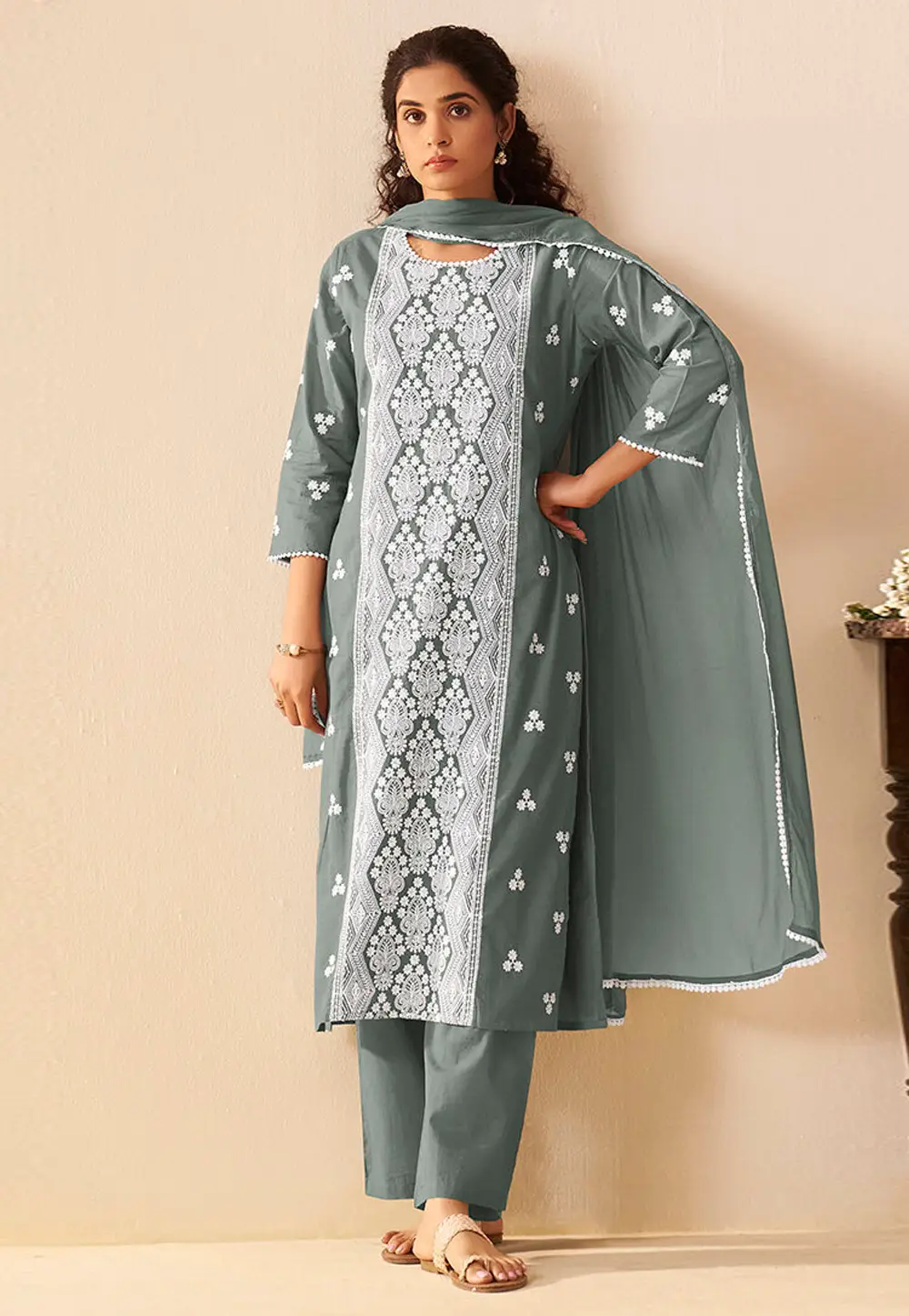 Grey Cotton Readymade Straight Suit 334192