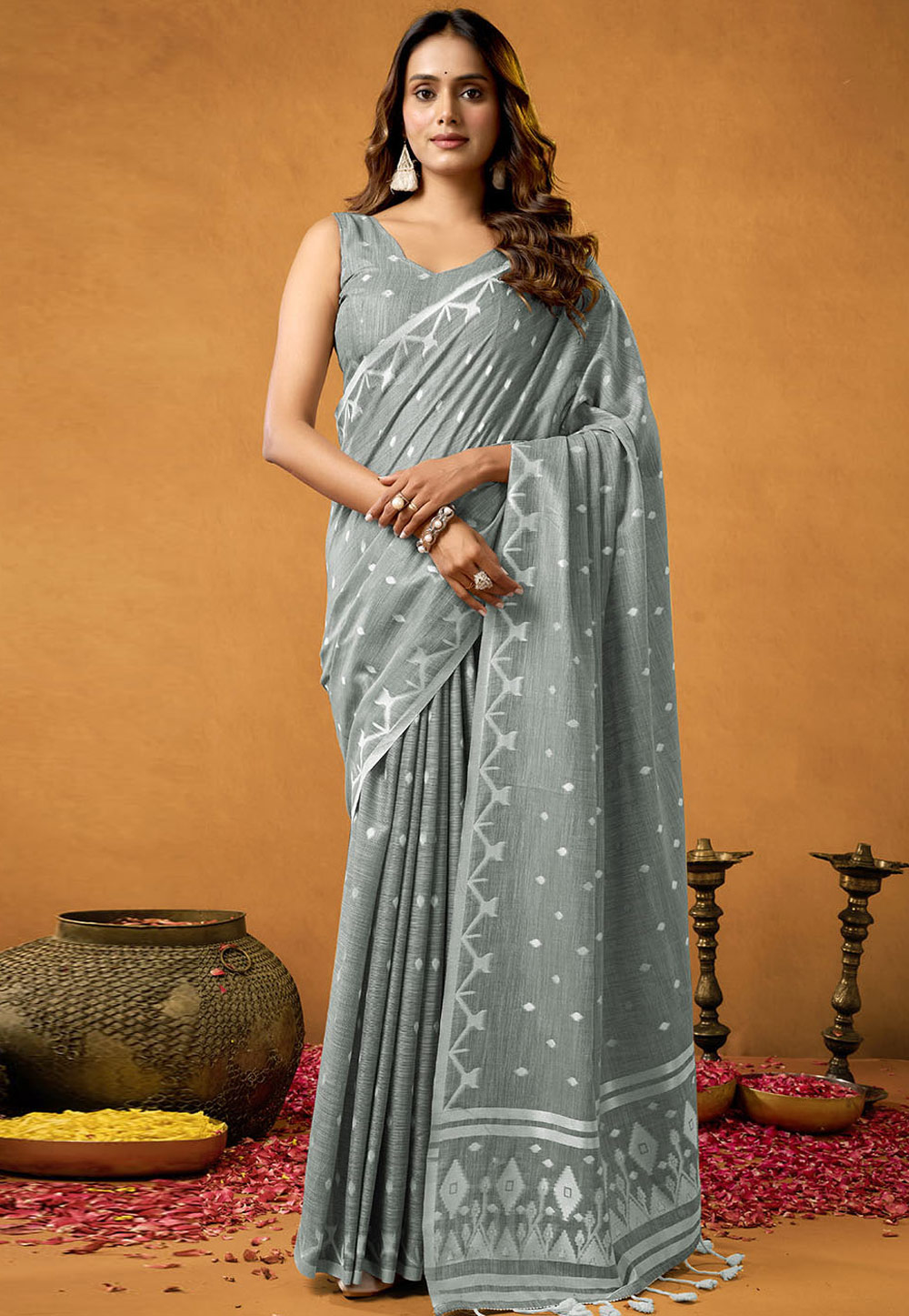 Grey Cotton Saree With Blouse 312523
