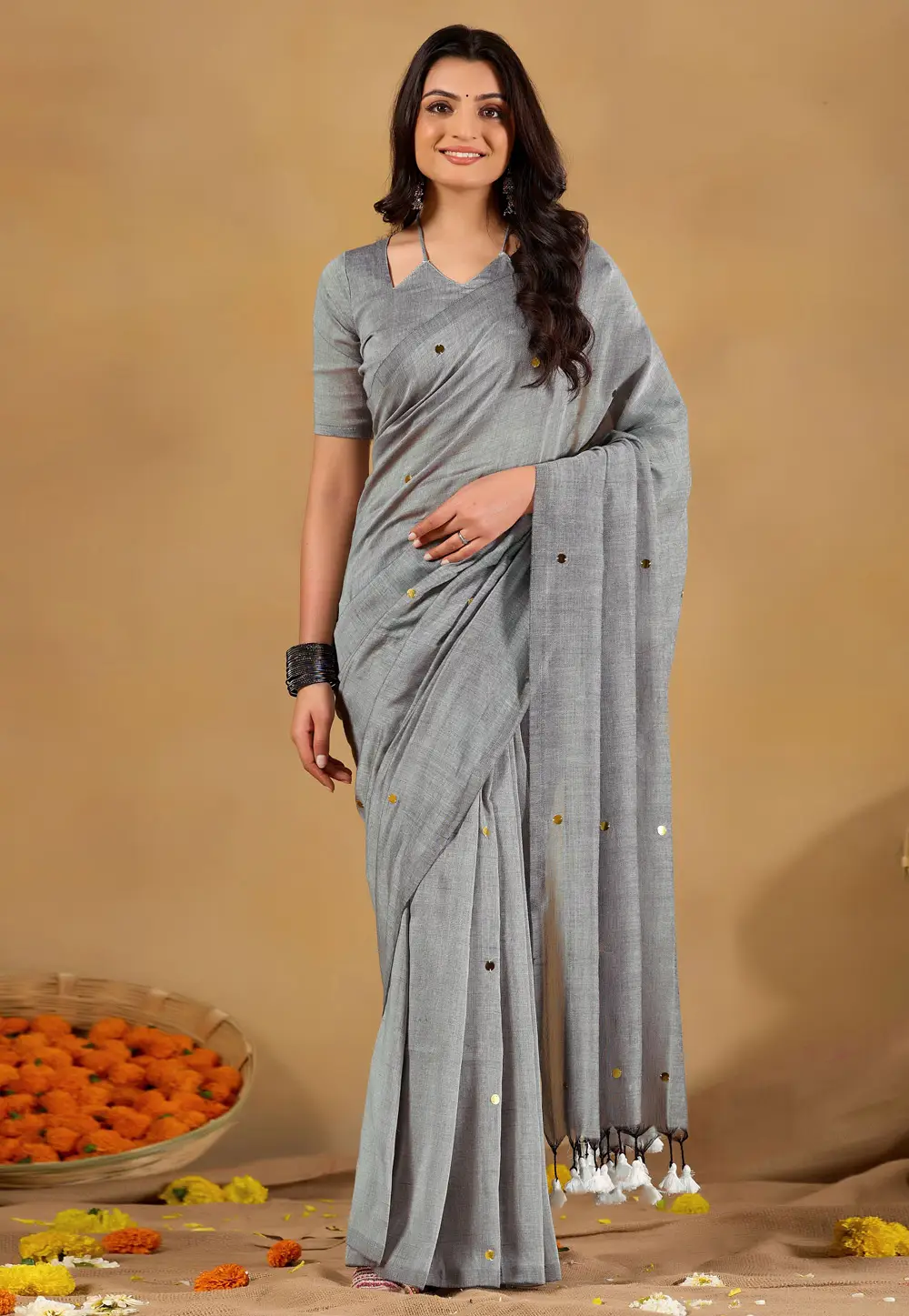 Grey Cotton Saree With Blouse 332684