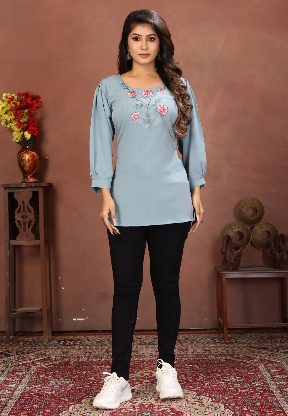 Sky Blue Cotton Short Kurti for Women 321642