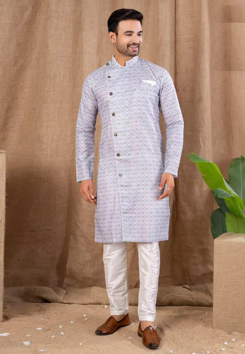 Grey Cotton Silk Indo Western Suit 316490