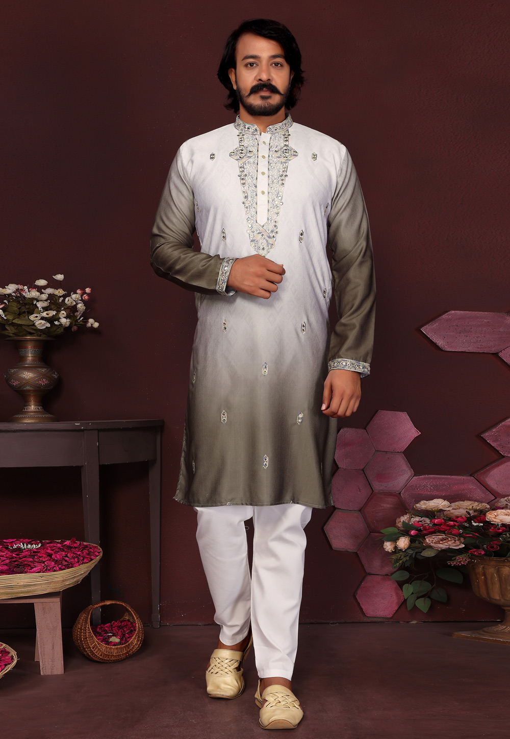 Grey Cotton Silk Kurta Pajama 321011