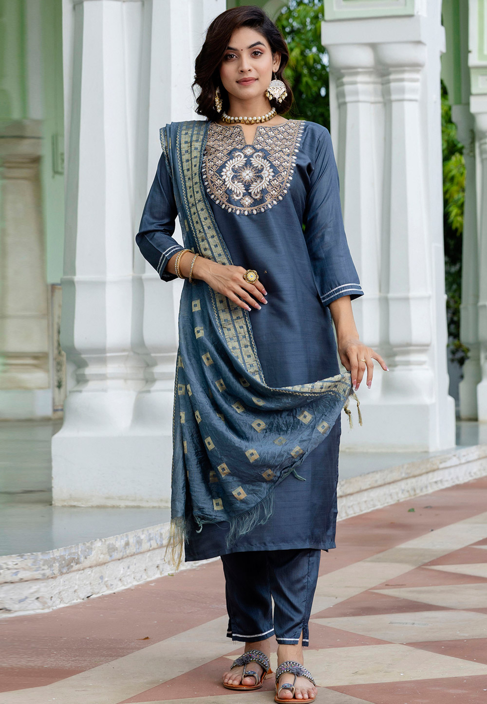 Grey Cotton Silk Readymade Pant Style Suit 312144