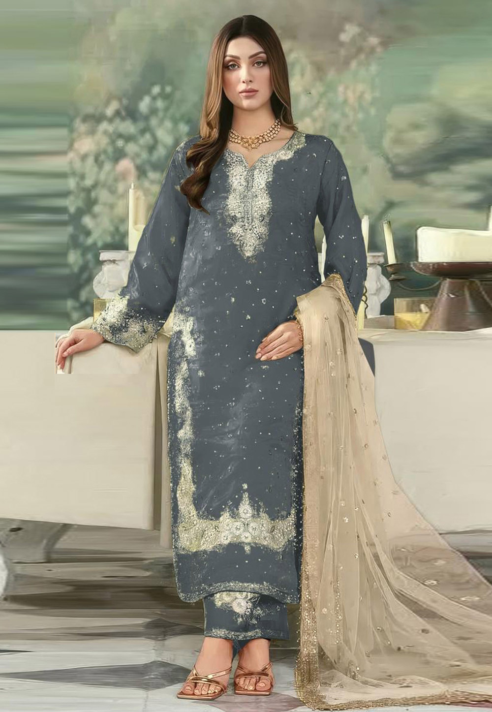 Grey Crepe Pakistani Suit 323349