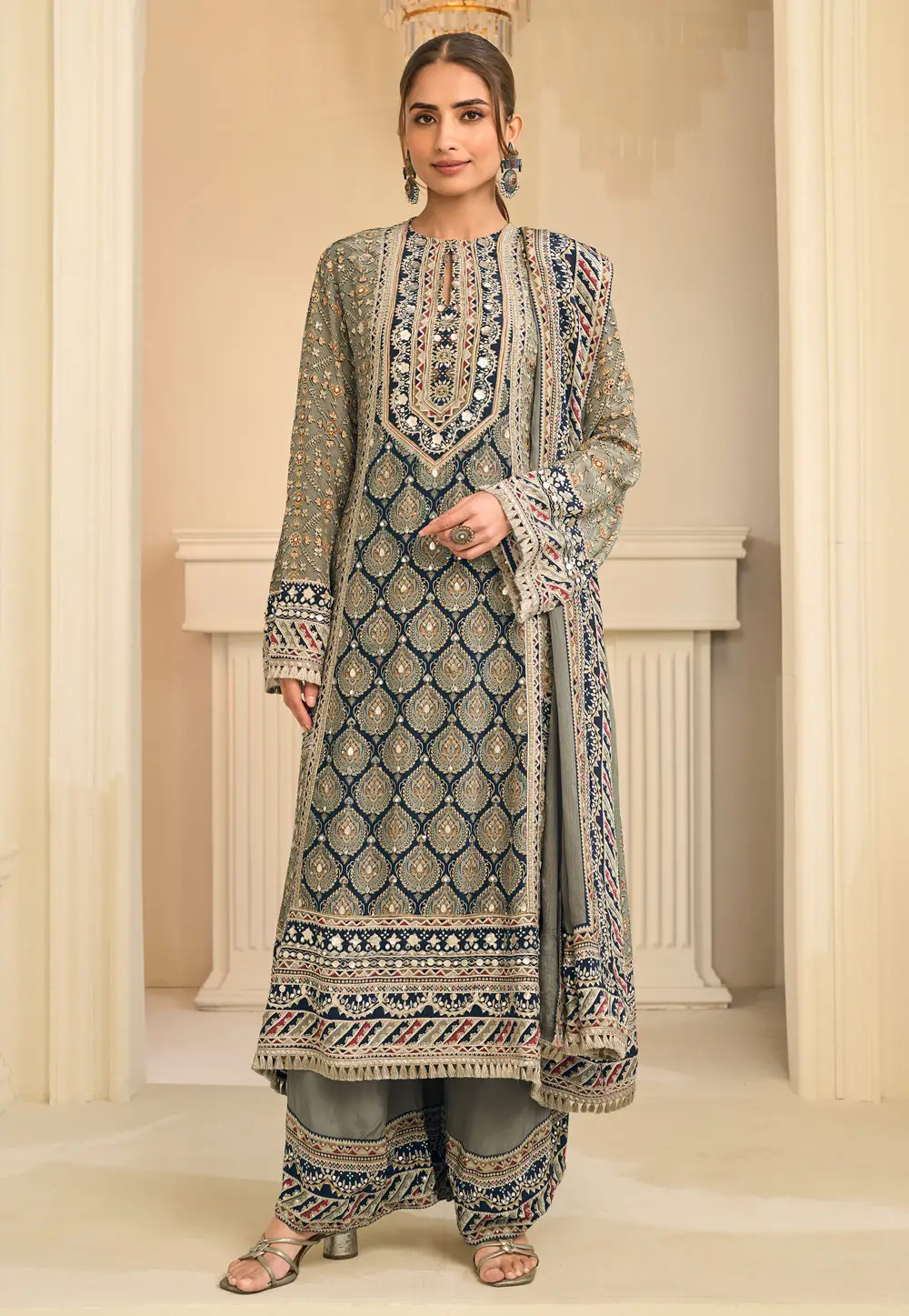 Grey Crepe Palazzo Suit 336675