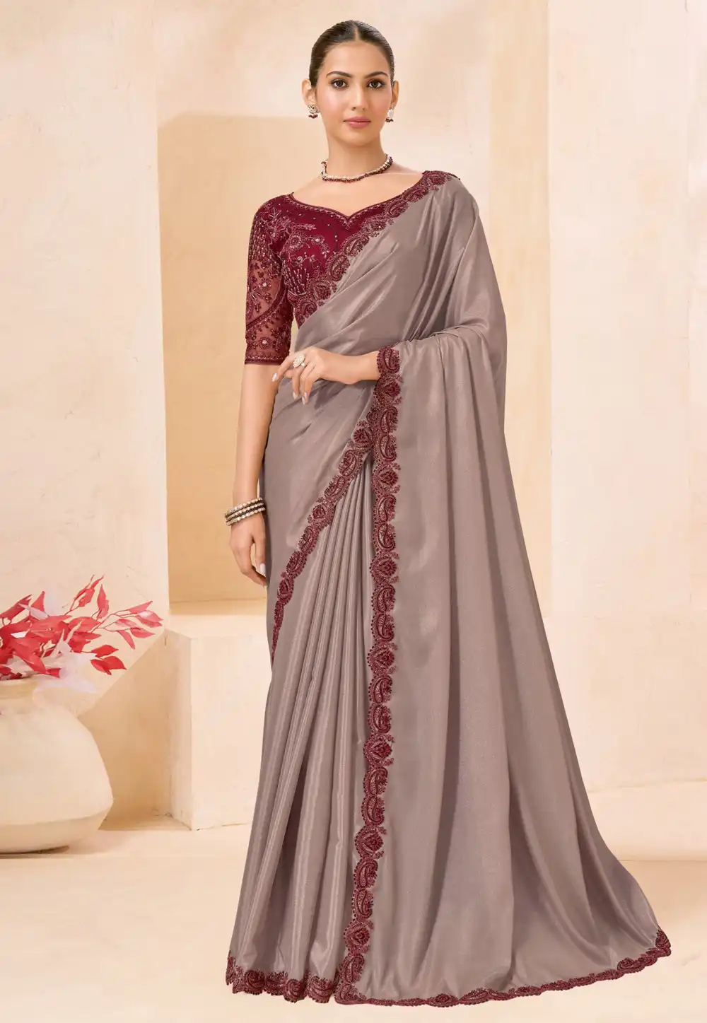 Grey Crepe Saree With Blouse 327645