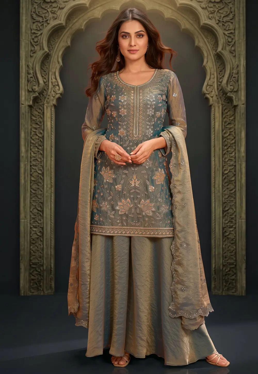 Grey Crepe Satin Readymade Pakistani Suit 334235