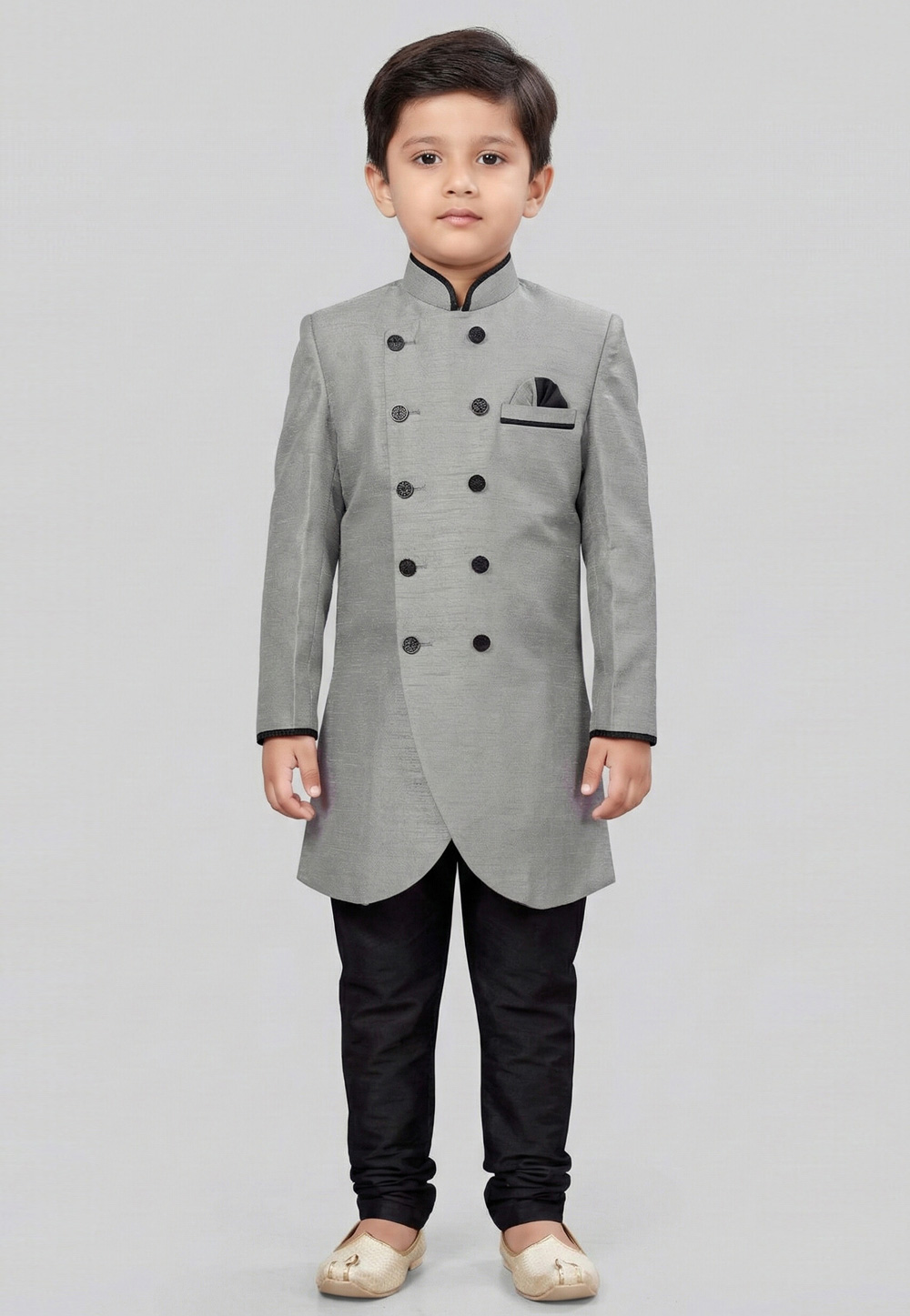 Grey Dupion Kids Indo Western Suit 323139