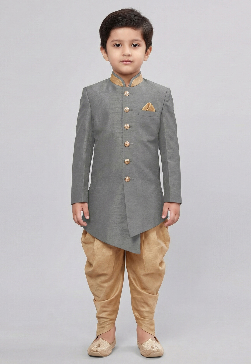 Grey Dupion Kids Indo Western Suit 323155