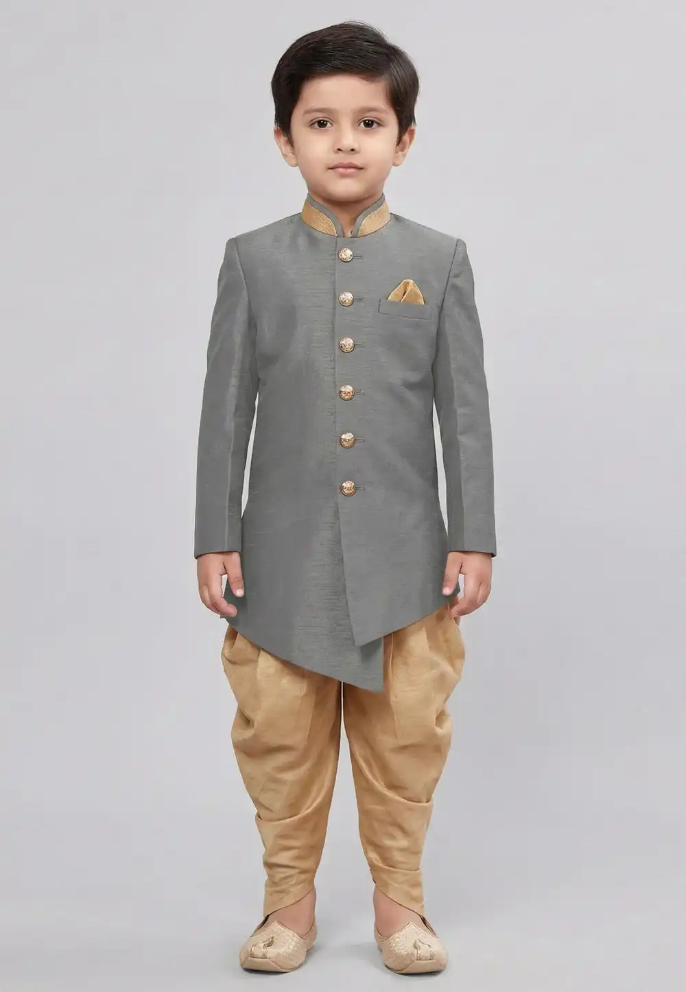 Grey Dupion Kids Indo Western Suit 323155