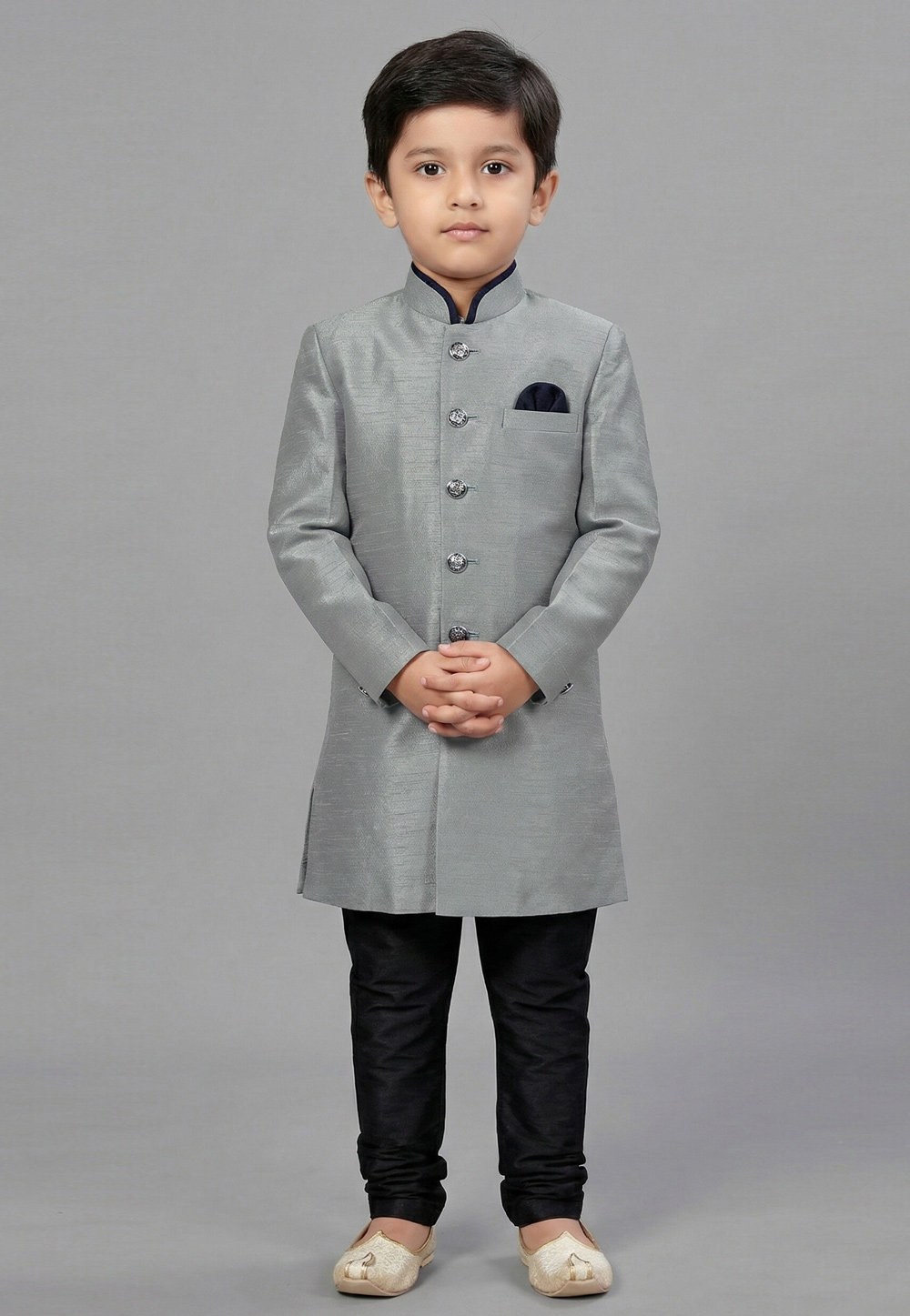 Grey Dupion Kids Indo Western Suit 323157