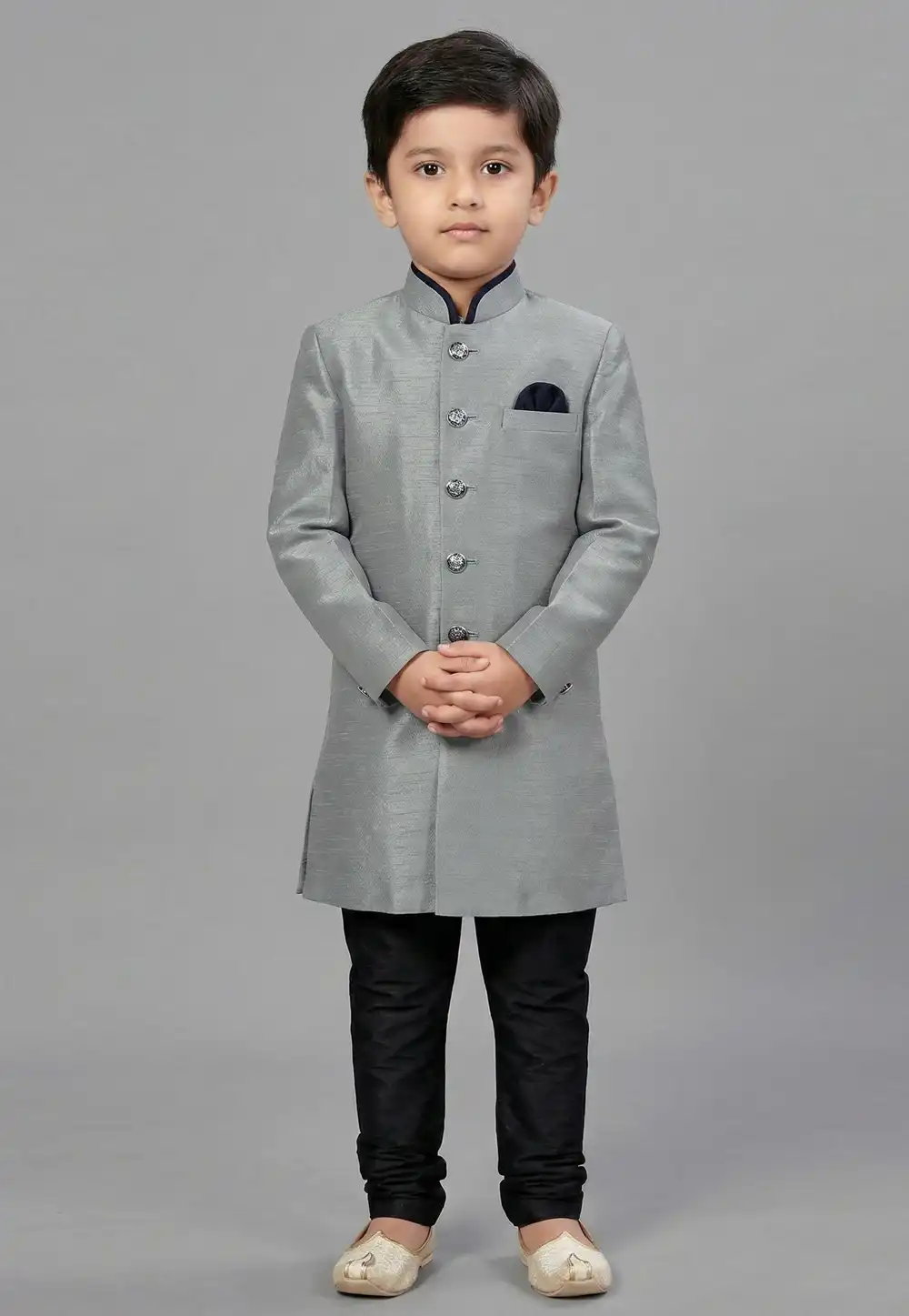 Grey Dupion Kids Indo Western Suit 323157